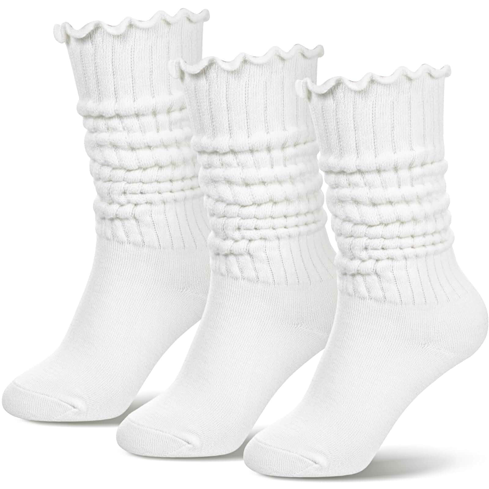 3 Pairs Slouch Crew Scalloped Socks Women's Ruffle Scrunch Socks Knit Mid Calf Rib Tube Scrunchy Slouchy Retro