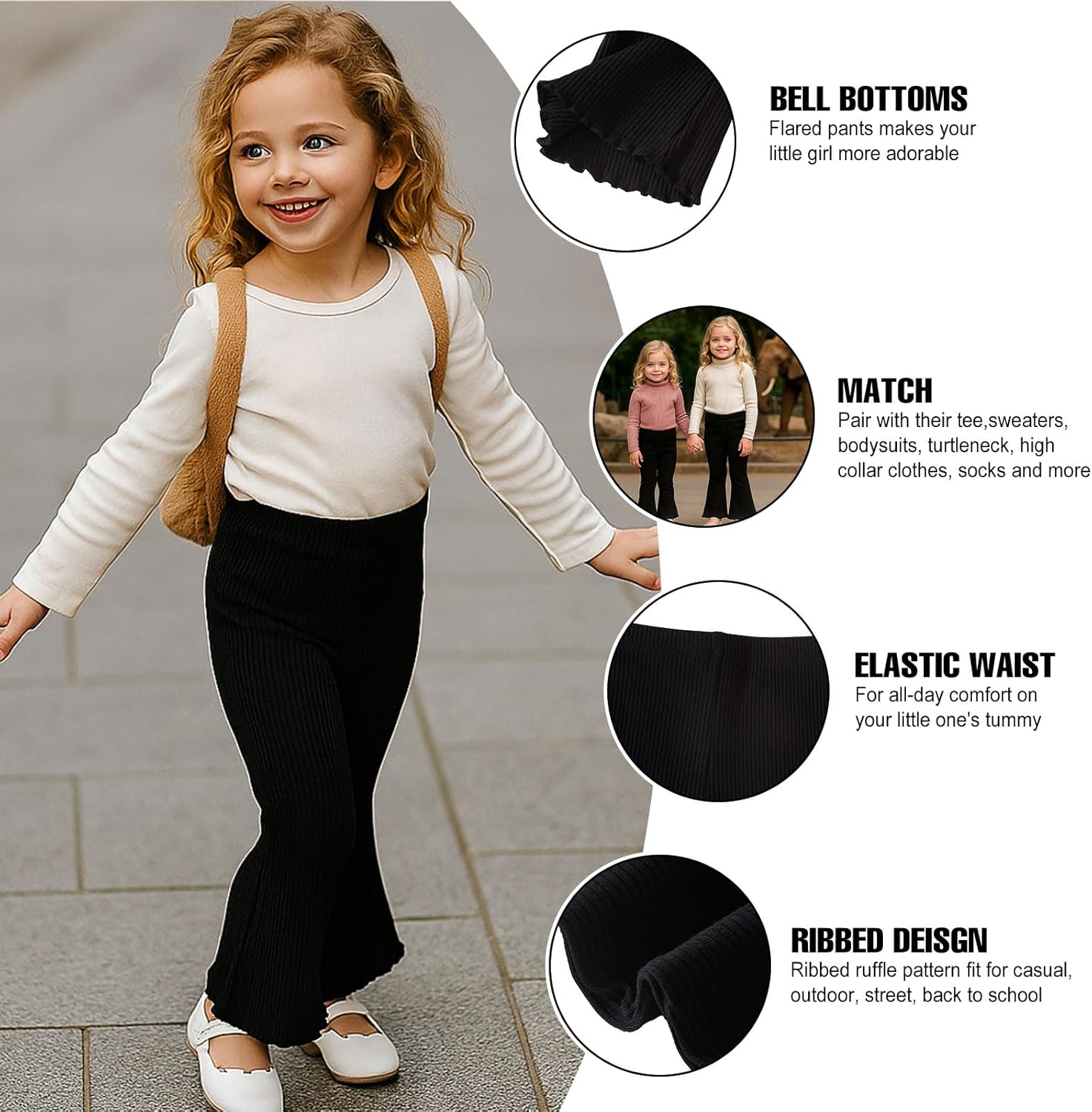 SOBOWO Girls Flare Leggings Pants Ribbed Kids Bell Bottoms 2 Pack Solid Color Ruffle Flared Casual Pants for Girls Size 3-11Y - Image 2