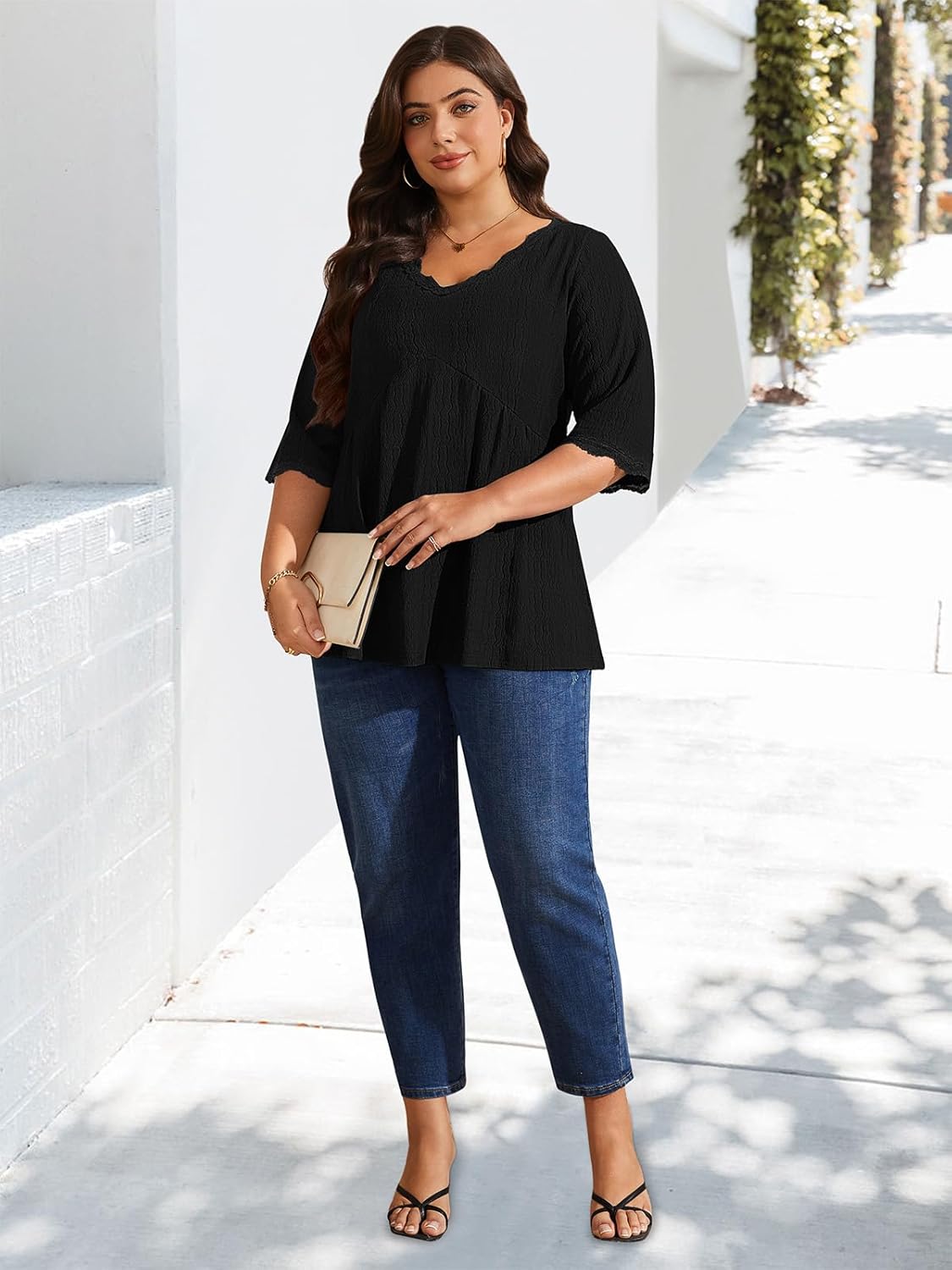 Plus Size Tops for Women 3/4 Lace Sleeve Shirts V Neck Blouses Casual Loose Tunic Tops to Wear with Leggings - Image 4