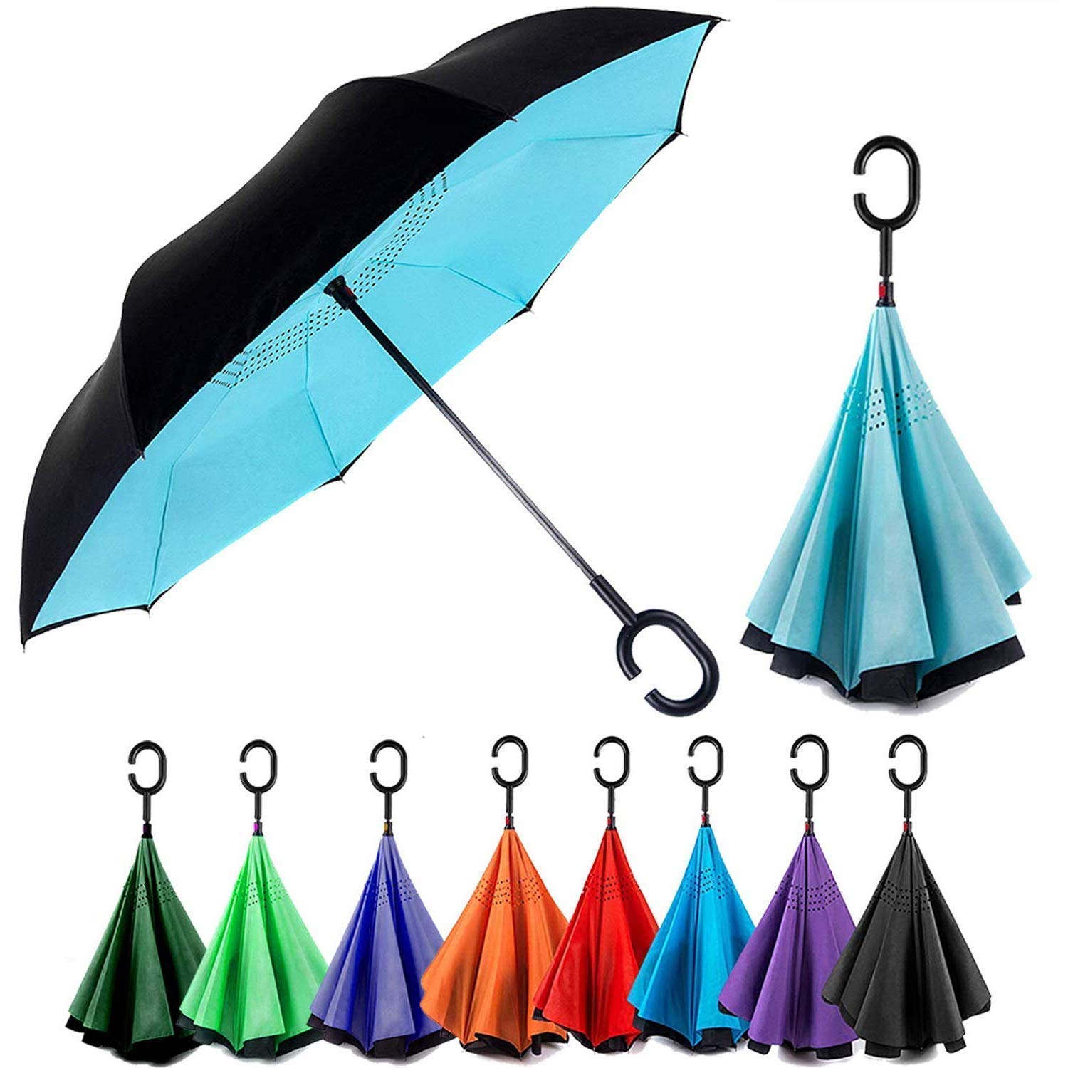 DIXSON Unisex Auto Open Function Windproof Upside Down Reverse Umbrella with C-Shaped Handle and UV Protection