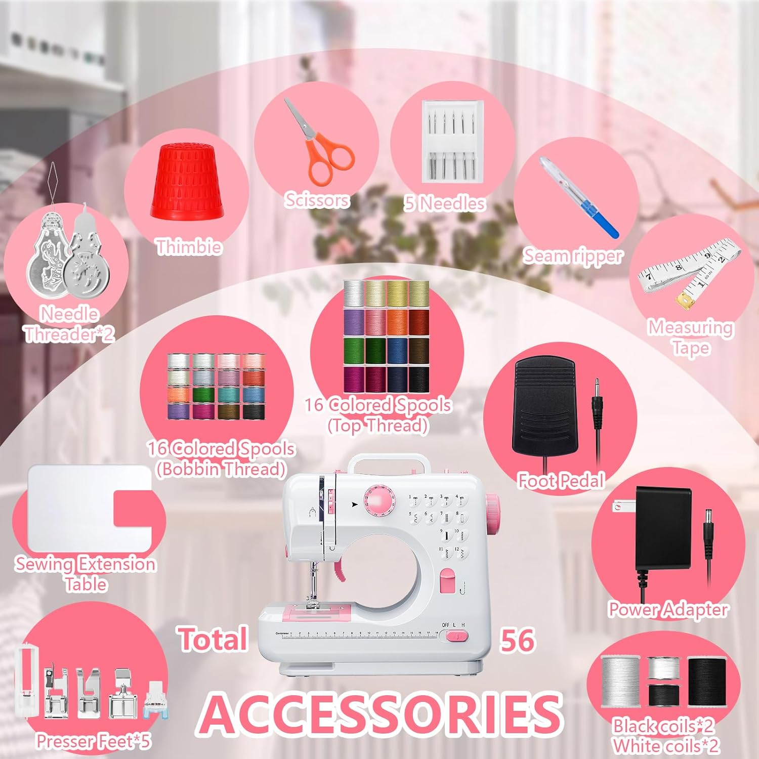 Portable Sewing Machine for Beginners, Small Easy to Use with 12 Built in Stitches, Reverse Stitching, Extension Table, LED Light, 32 Color Thread Kit for Home Mending, Crafts, Kids and Adults, Pink
