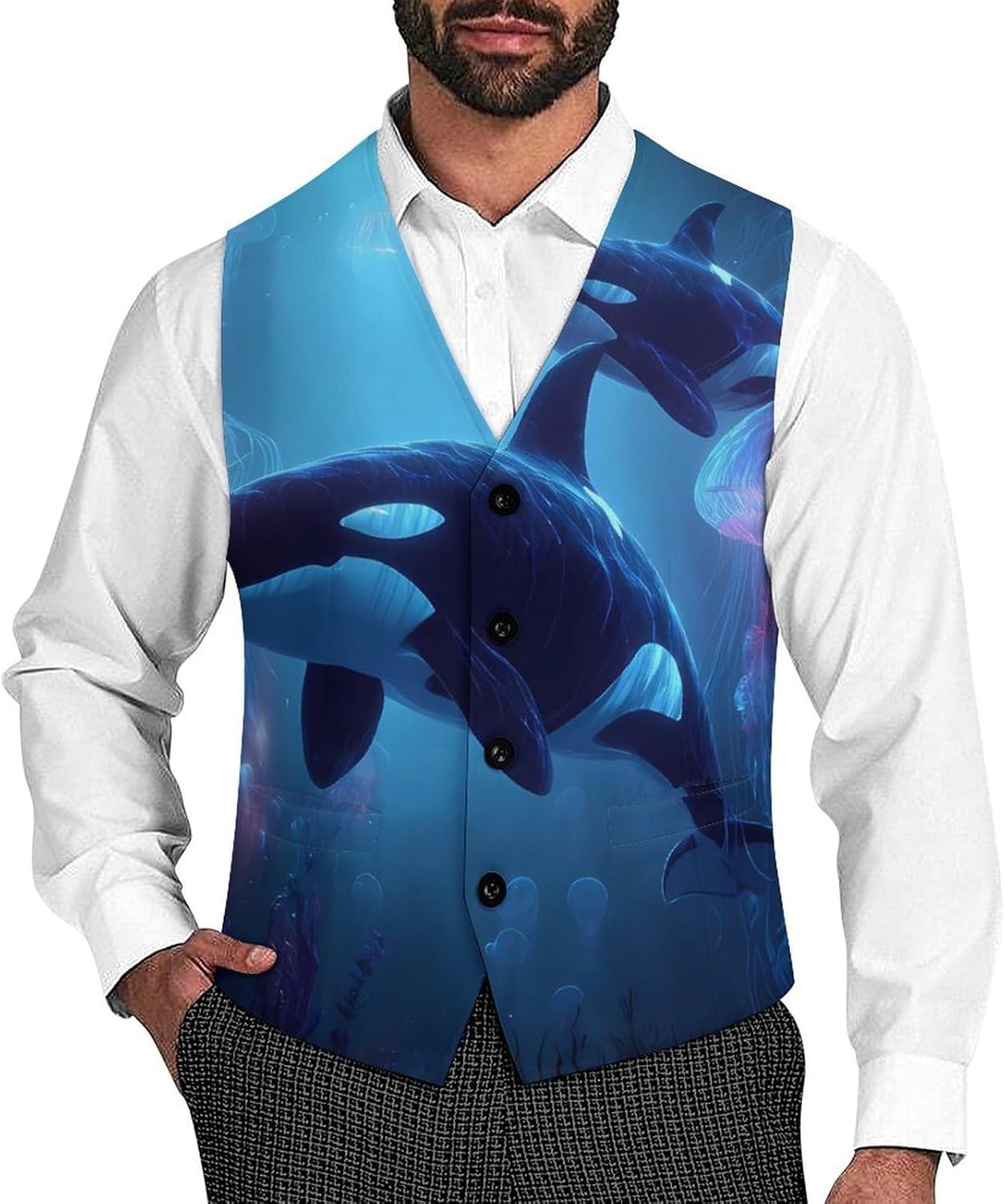 Ocean Whale Jellyfish Killer Men's Suit Vest Formal Vests Casual Dress Fit Waistcoat Casual Tuxedo for Business
