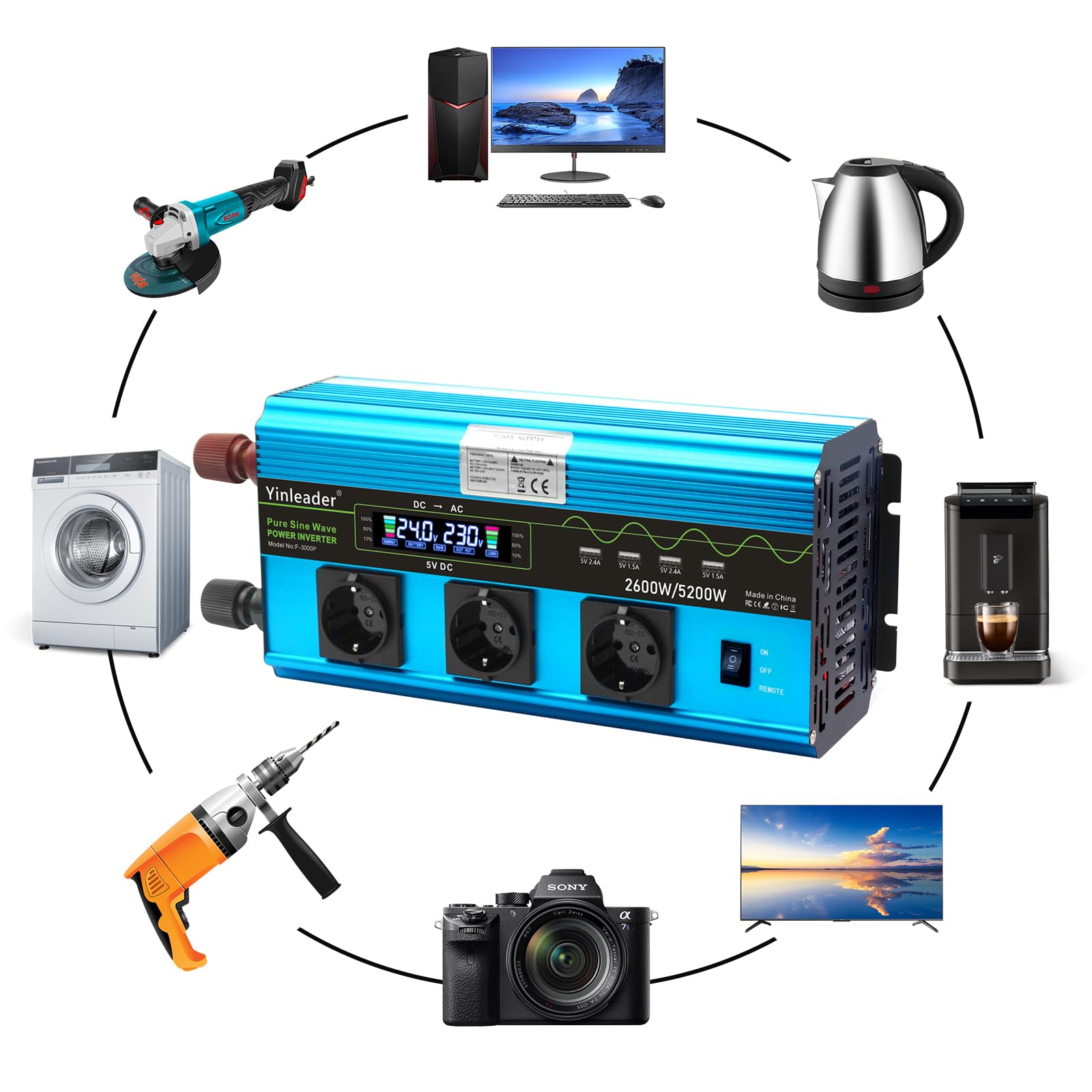 Yinleader 2600W /5200W Wechselrichter 24V auf 230V Reiner Sinus Spannungswandler mit LCD-Display, 3 Steckdosen & 4 USB, Heavy Duty Inverter für LKW, Boot