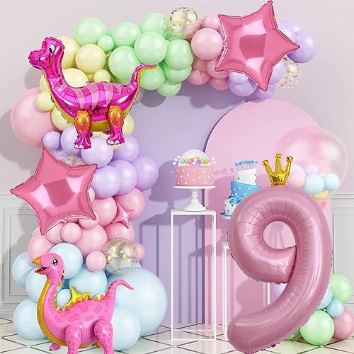 Miniatura 9 de Globos de dinosaurio rosa, globo de aluminio Mylar con número de cumpleaños para niña, decoraciones de fiesta de 5 cumpleaños
