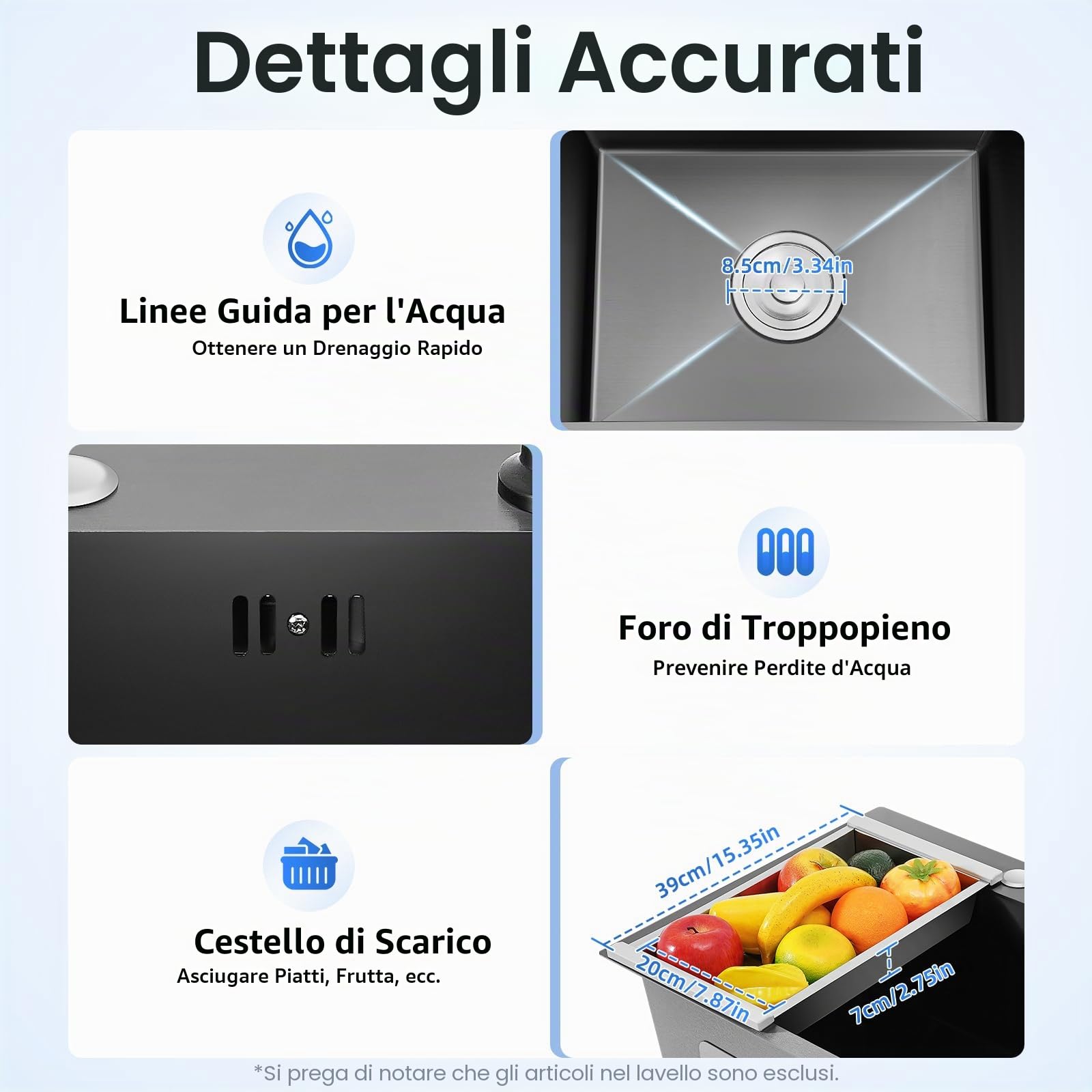Lavello da incasso in acciaio inox nero-grigio con cestello di scarico, angolare, lavandino con distributore di sapone e tubo di scarico per case, ristoranti, lavanderie, bar, cucine, hotel, ecc