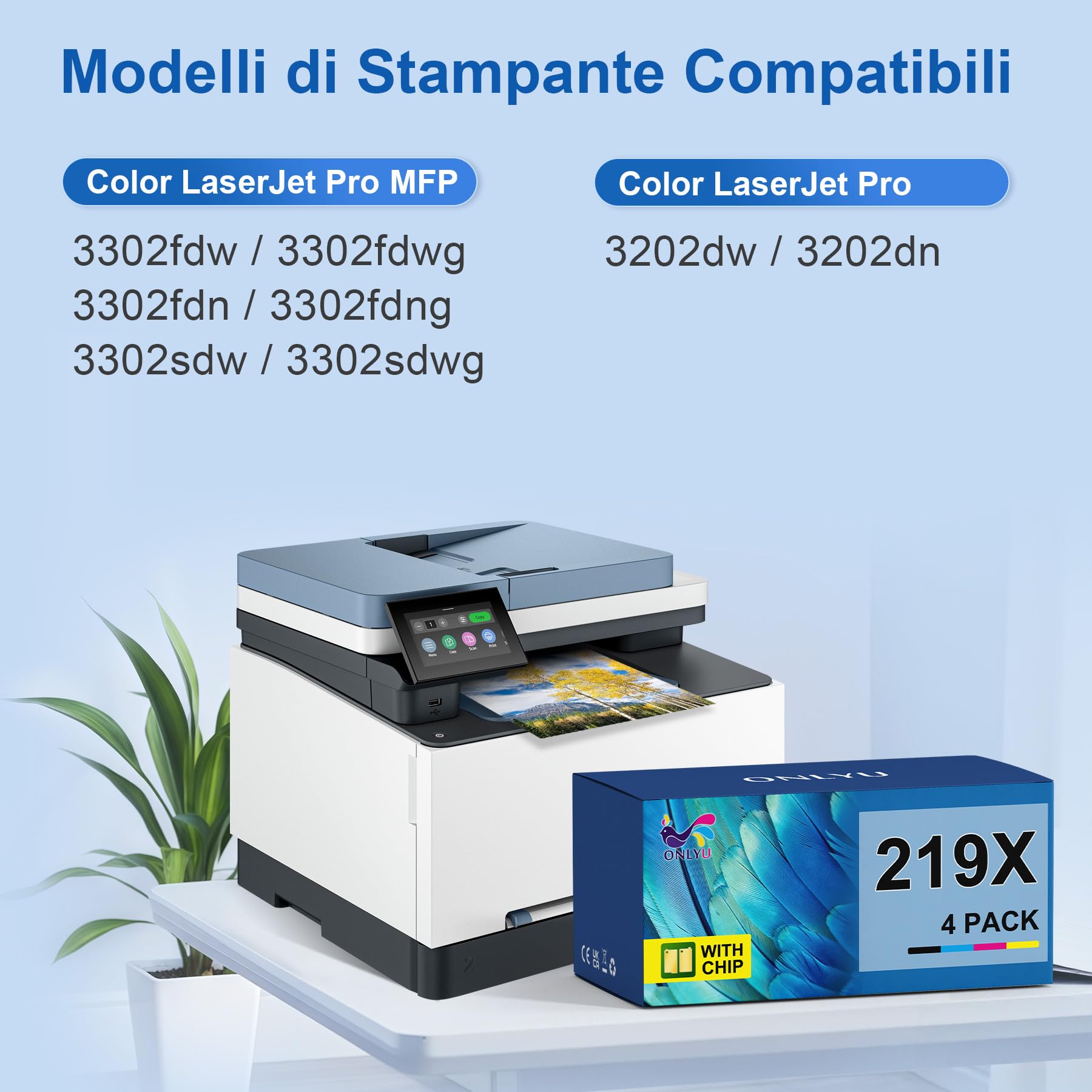ONLYU 219X con Chip Compatibile per HP 219X 219A Toner per HP Color LaserJet Pro MFP 3302fdw 3302sdw 3302fdwg 3302sdwg 3302fdn 3302fdng 3202dw 3202dn Alta Capacità 4-Pack Nero Ciano Giallo Magenta
