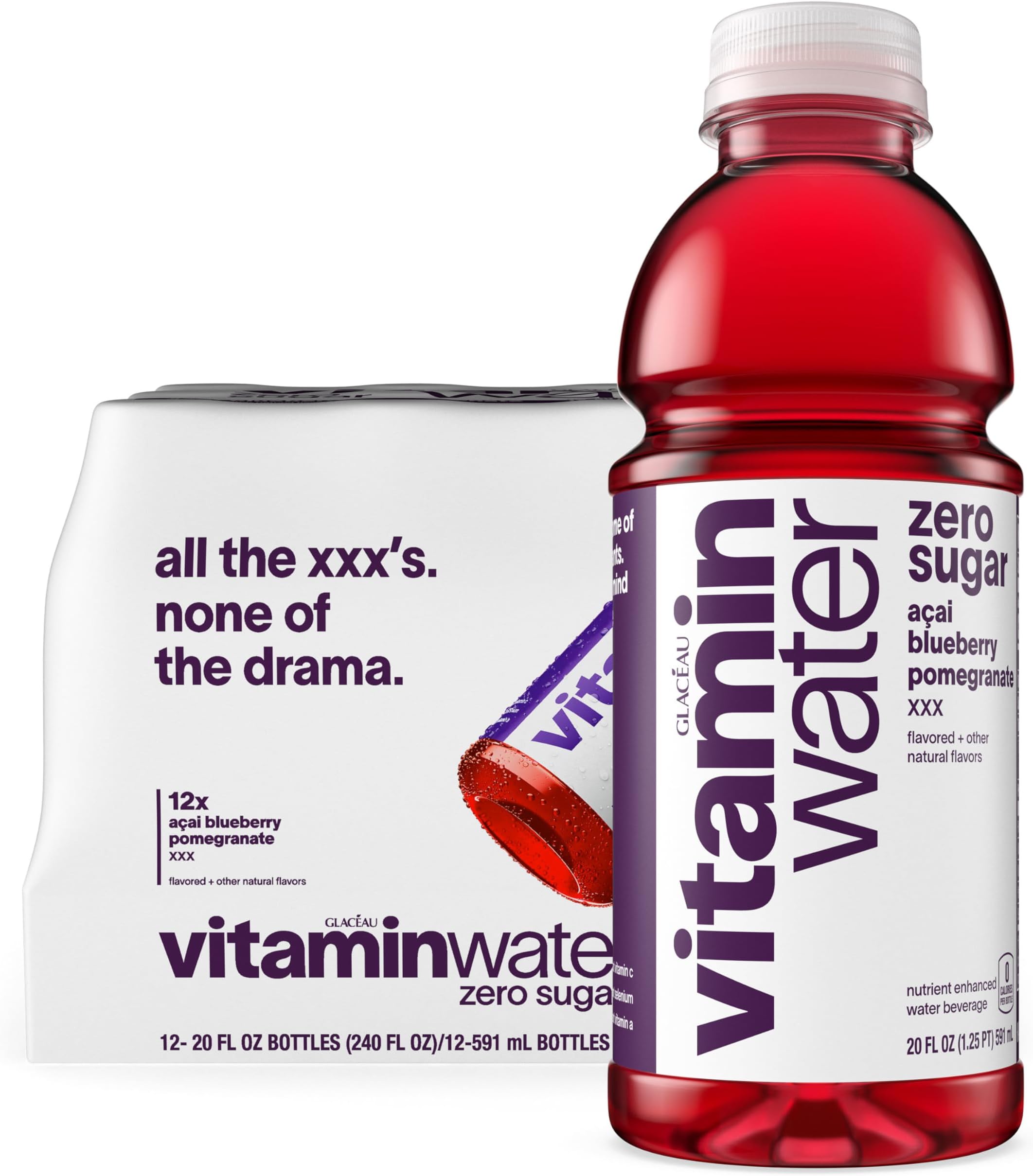 vitaminwater XXX Acai-Blueberry-Pomegranate Zero Sugar, Flavored Water Beverage, 20 fl oz Bottles, 12 Pack