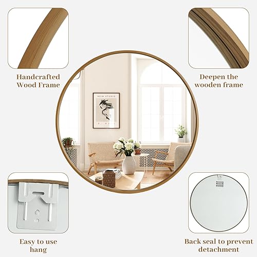 Miniatura 22 de WallBeyond Espejo redondo de madera de 24 pulgadas, espejo de pared circular para baño, espejo de pared redondo para decoración de pared, tocador