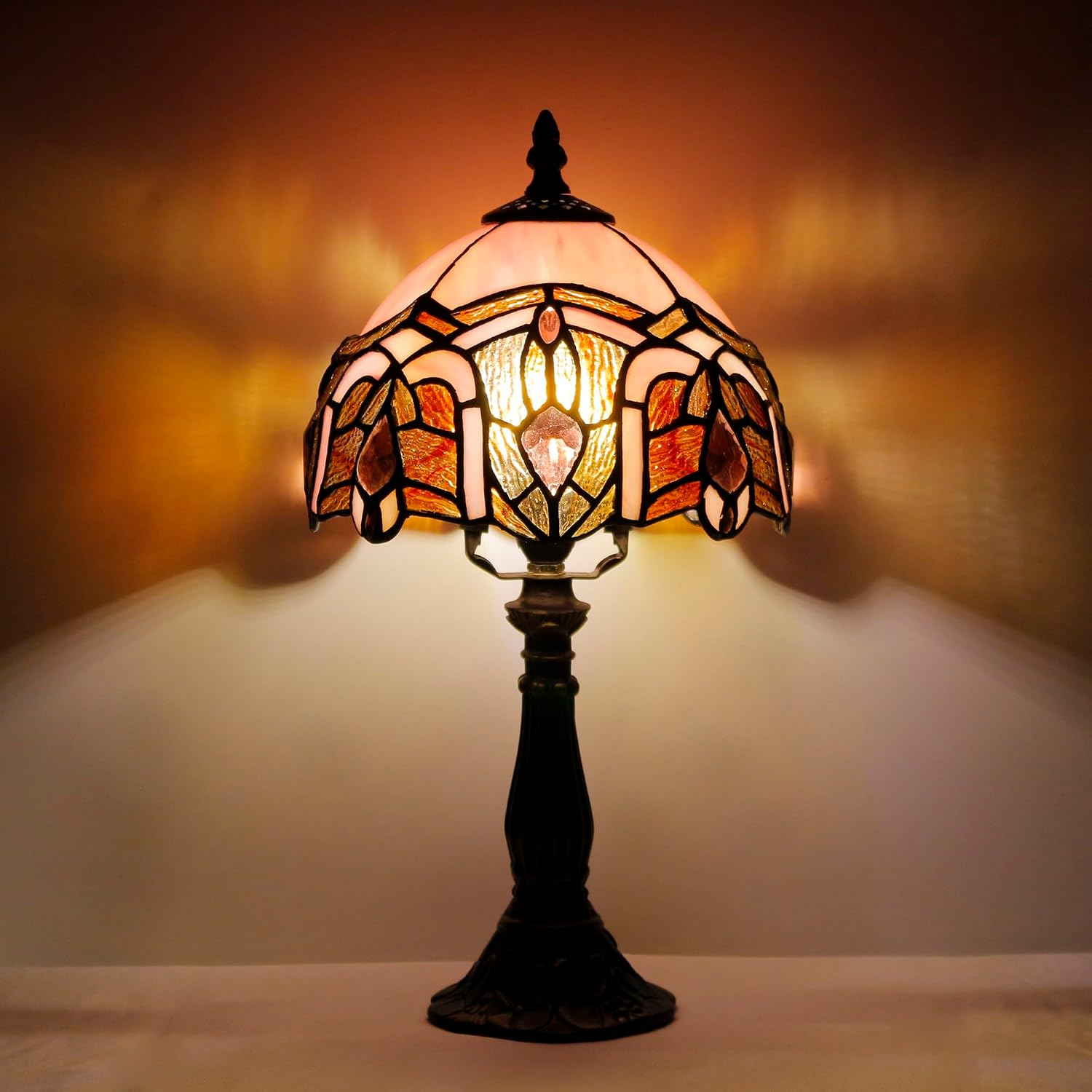 Tiffany Lamp Touch Control Table Lamp Pink Jewelry Stained Glass Desk Lamp 8X8X14.5 Inches Reading Light