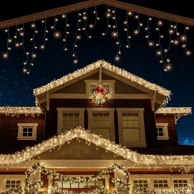 ANSIO® Outdoor Christmas Lights 320 LED 11m/35ft Icicle Lights Outdoor & Indoor Warm White Decorations String Fairy Outside Lights with Timer for Xmas Garden Bedroom & Party|Mains Powered Green Cable