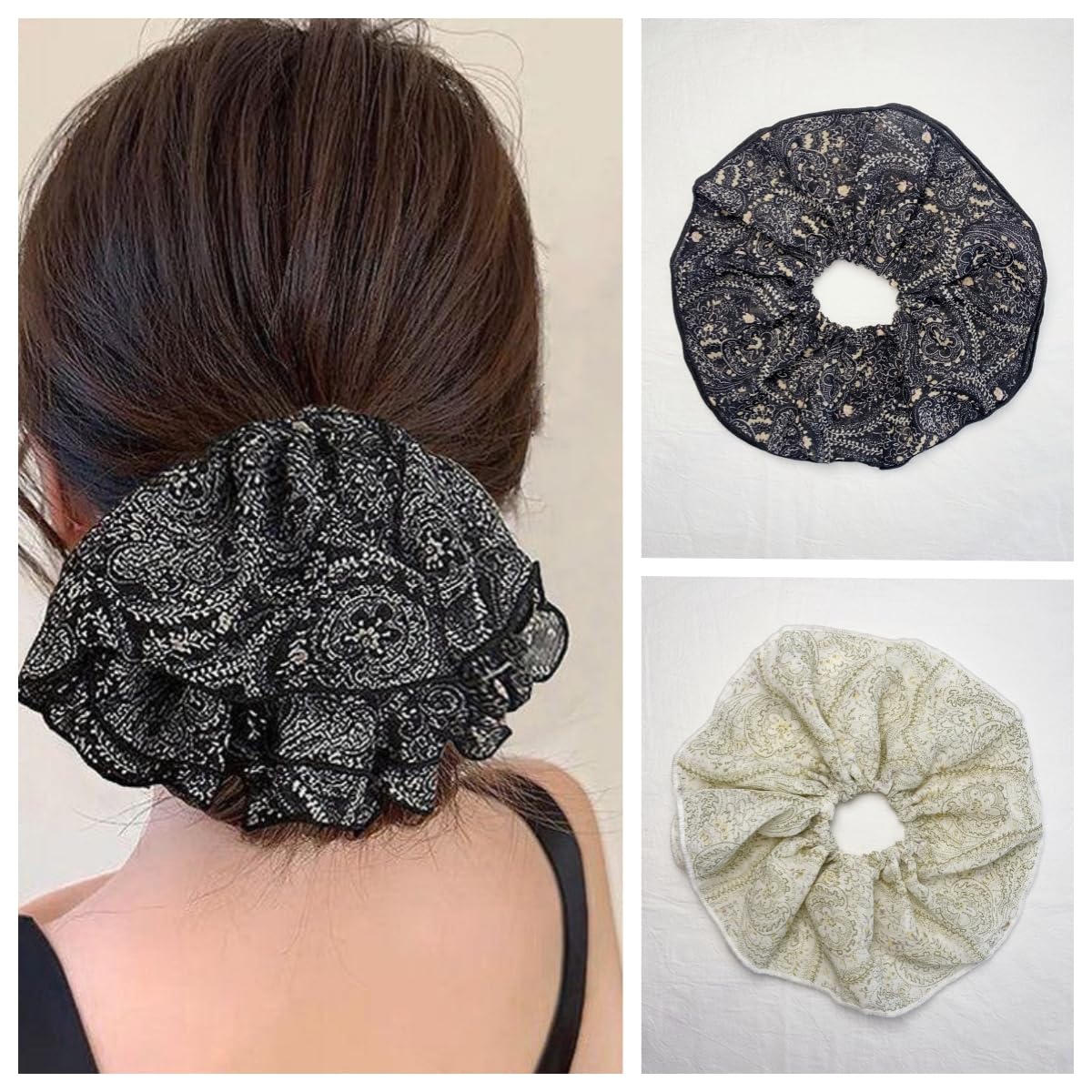 Lemeilleur 2 PCS French Oversize Jumbo Floral Hair Scrunchies Long Hair Eleastic Bands Scrunchy Hair Ties Ropes Ponytail Holders Cloth Bands for Girls