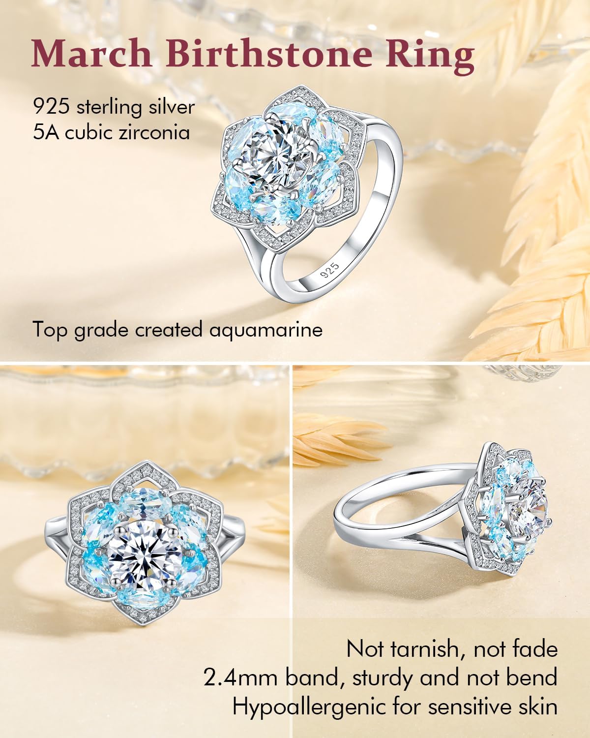 DAYBYDAY Statement Flower Ring 925 Sterling Silver Birthstone Rings for Women, Big Floral Bolssom Ring, Sapphire/Emerald/Ruby/Opal Engagement Promise Rings for Her Size 6-10