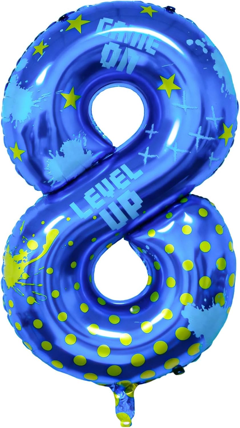 Video Game Birthday Party Decorations, 40inch Blue Video Game Number 8 Foil Balloon for Level Up Games Themed Birthday Party Supplies (8)