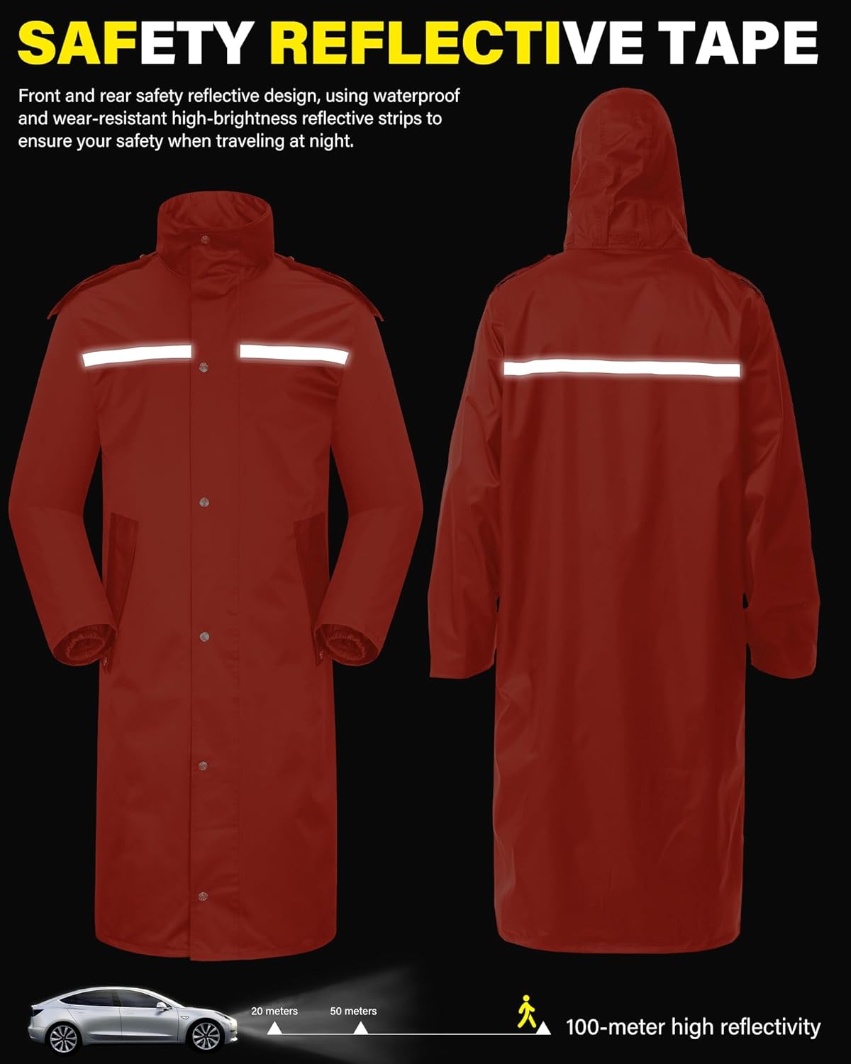iCreek Raincoat Waterproof Long Rain Jacket Lightweight Rainwear Reflective with Packable Hood for Men Women Adults