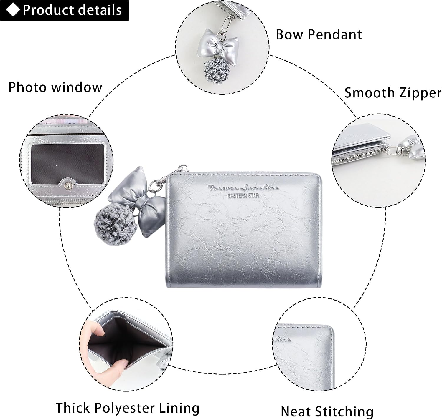 Andiker Bifold Womens Wallet, Detachable Bow Pendant Credit Card Holder for Women with Multiple Card Slots, Slim Women’s Wallet for Travel Daily Use (Silver)