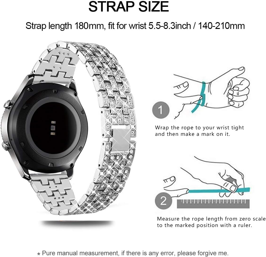 Bands Compatible with Samsung Galaxy Watch 3 (45mm), 22mm Full Rhinestone Diamond Stainless Metal Strap with Bezel Ring Cover Replacement for Women Men (Silver) - Image 7