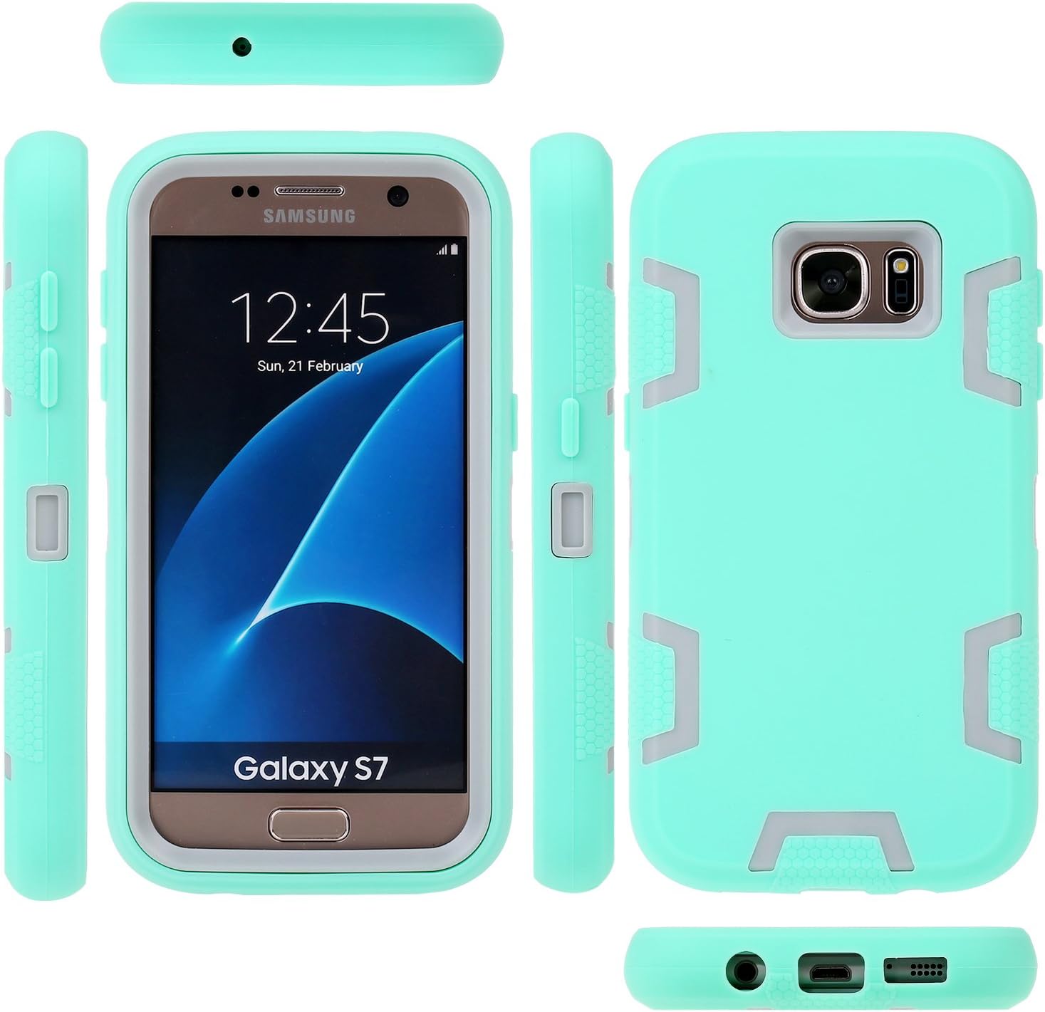 E LV Galaxy S7 Case Hybrid Defender Rugged Shockproof Dirtproof Case Cover for Samsung Galaxy S7 - [Mint/Grey]