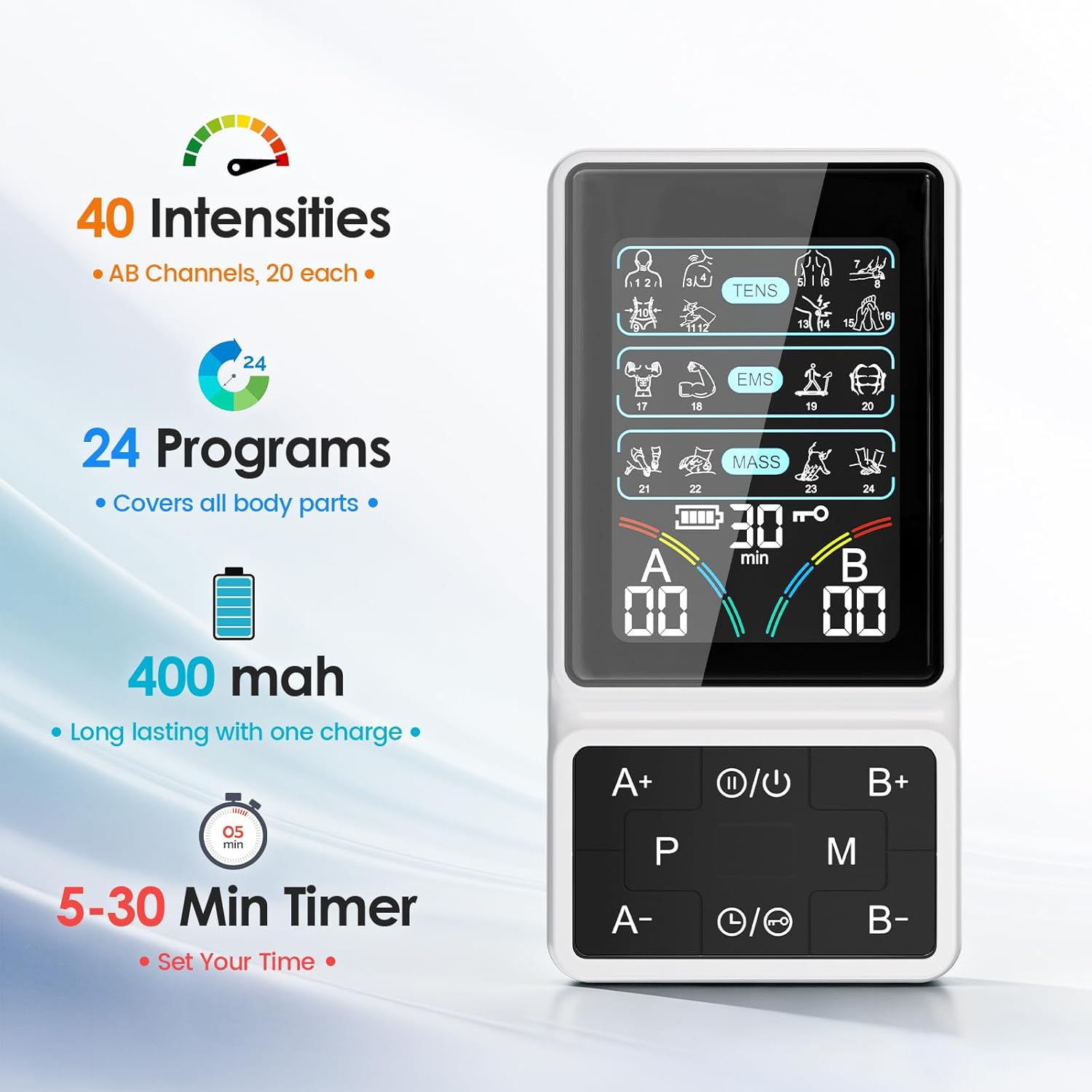 TENS Unit Muscle Stimulator with HD Color Screen, 3-in-1 TENS EMS Machine for Pain Relief & Muscle Recovery, 24 Modes Pulse Massager for Sciatica, Back, Hip, Neck, Shoulder and Elbow Pain - Ivory