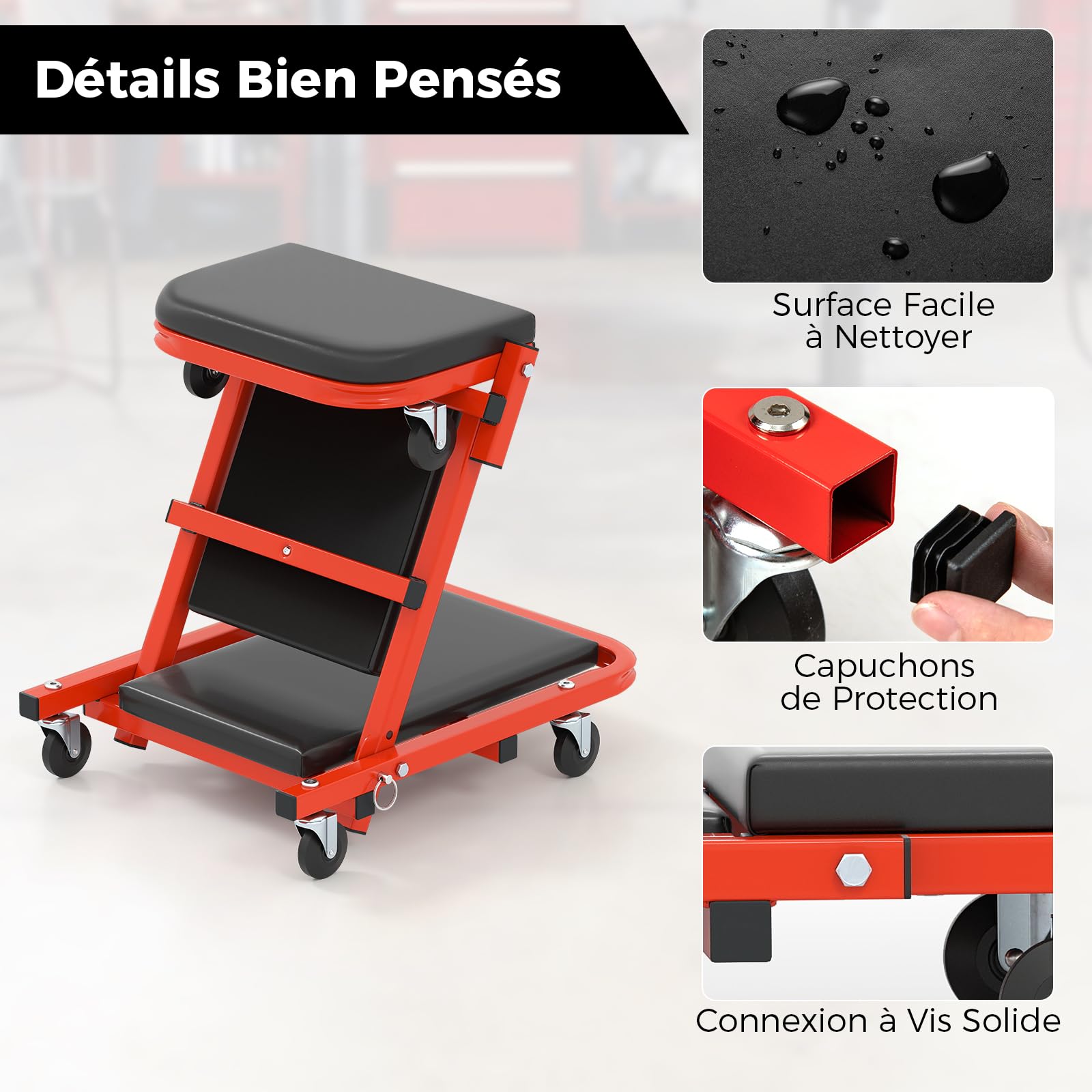 GYMAX Chariot d'Atelier en Forme de Z, Plateau d'Atelier Pliable 2 en 1, Planche de Montage Roulante avec Siège Rembourré et 6 Roues, Fonction Assise et Couchée, pour Réparation Automobile (Noir)