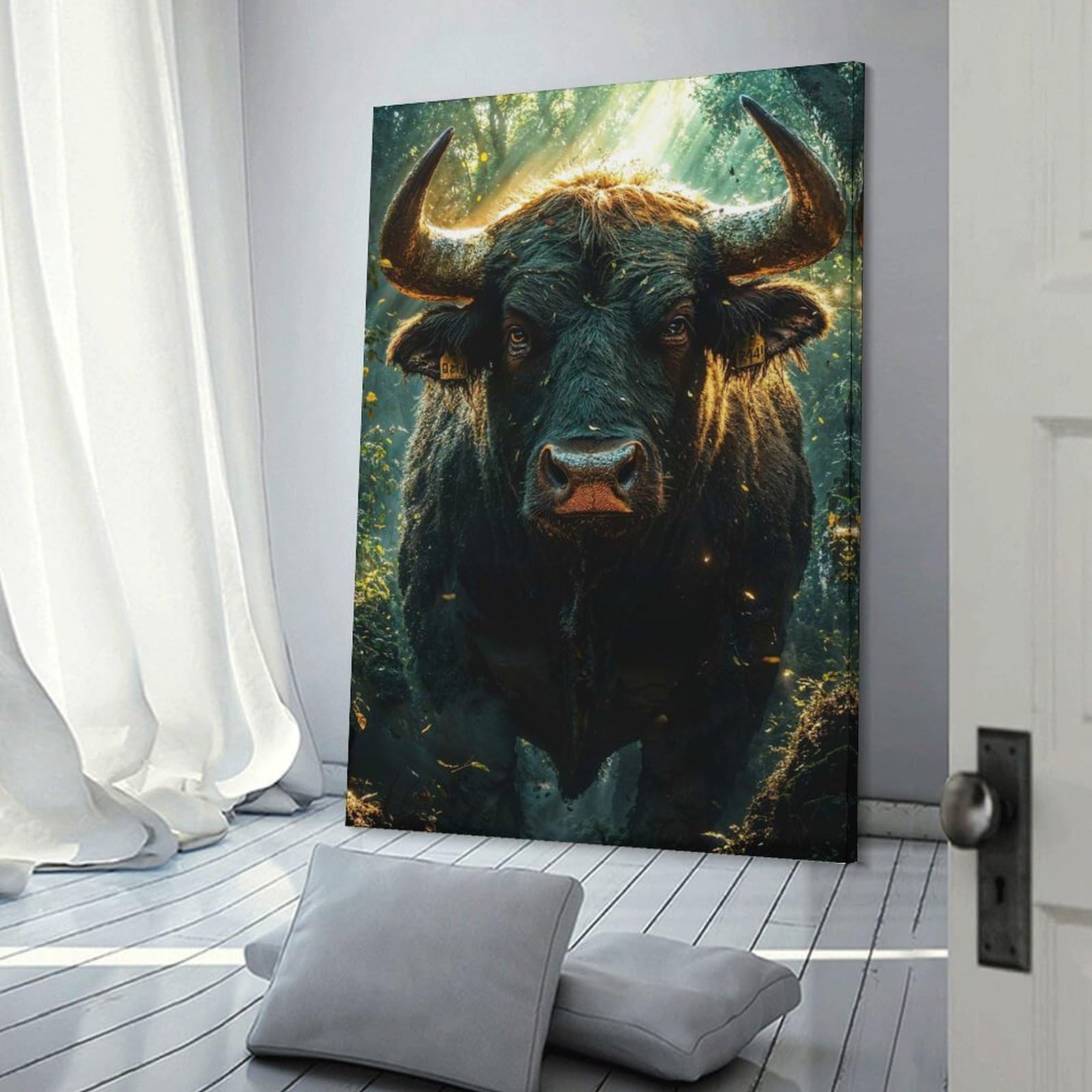 Junmoney Wall Picture Print Bull in The Forest, 16x24inch(40x60cm), for Wall Displays, Bedrooms Or Room Updates, Wall Decor Suited to Curated Displays
