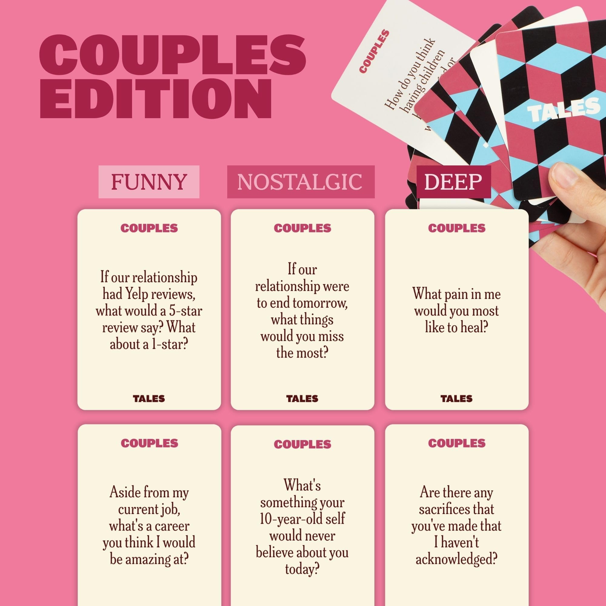 Tales Tarjetas de iniciación de conversación, edición para Parejas, Juegos de Parejas para Adultos, Ideas para Citas nocturnas, Regalos, Aniversarios y Tiempo de Calidad Juntos,