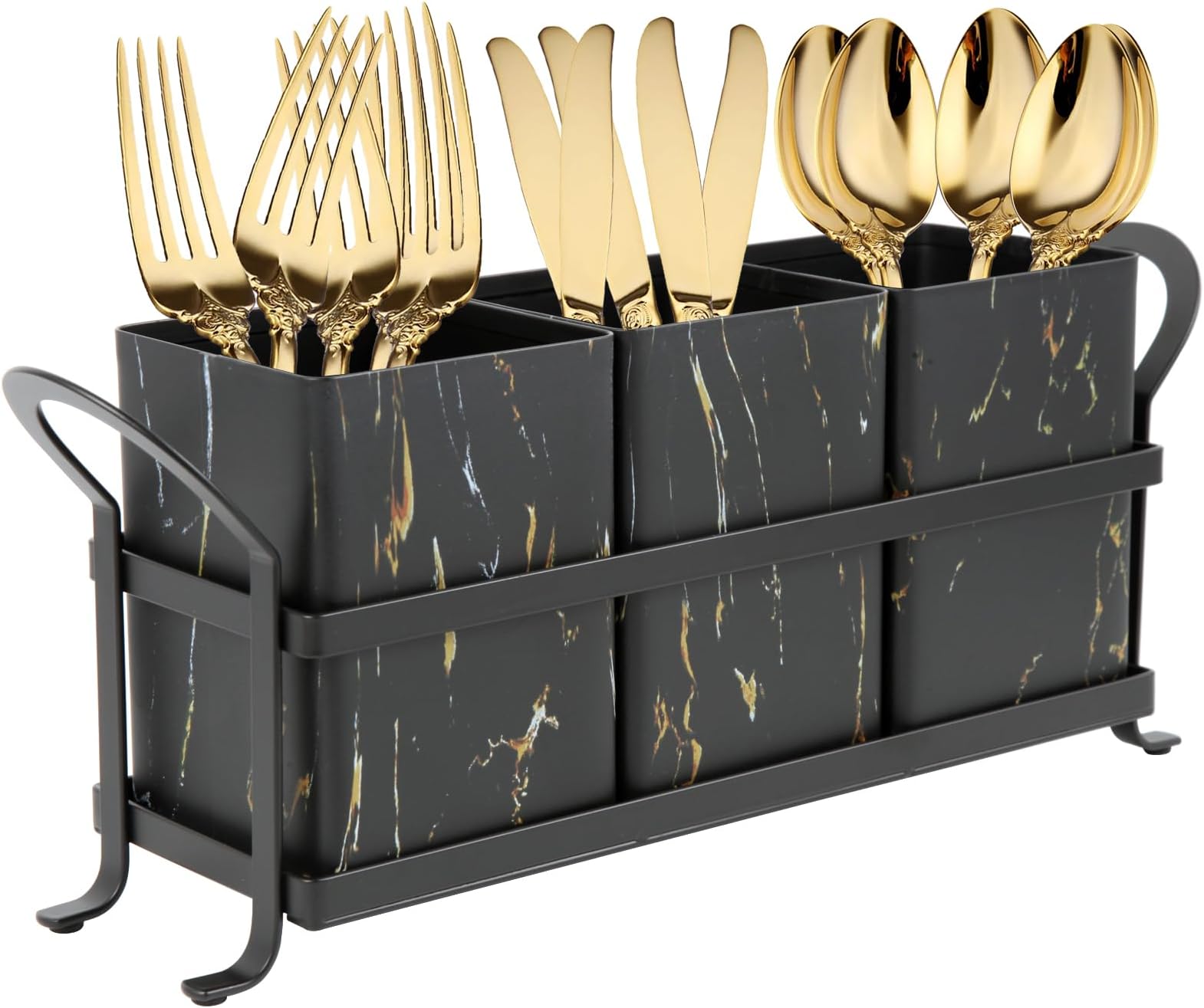 NelyBet Kitchen Utensil holder for Countertop, Silverware Caddy,Golden Marble Black Flatware Holder Utensil Cutlery Organizer for Party Gatherings, Metal and Durable Design
