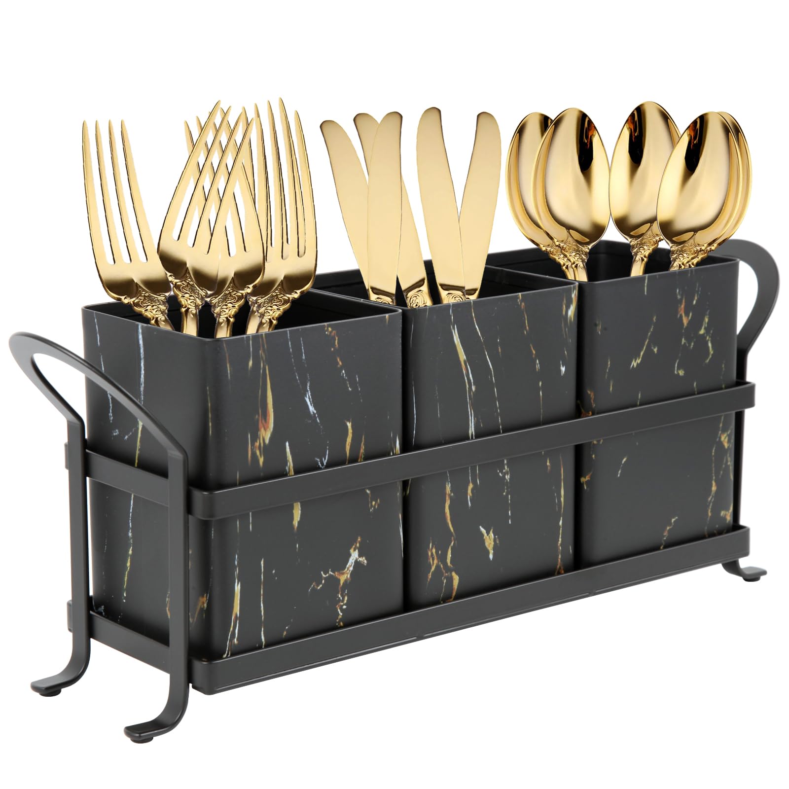 Kitchen Utensil holder for Countertop, Silverware Caddy,Golden Marble Black Flatware Holder Utensil Cutlery Organizer for Party Gatherings, Metal and Durable Design