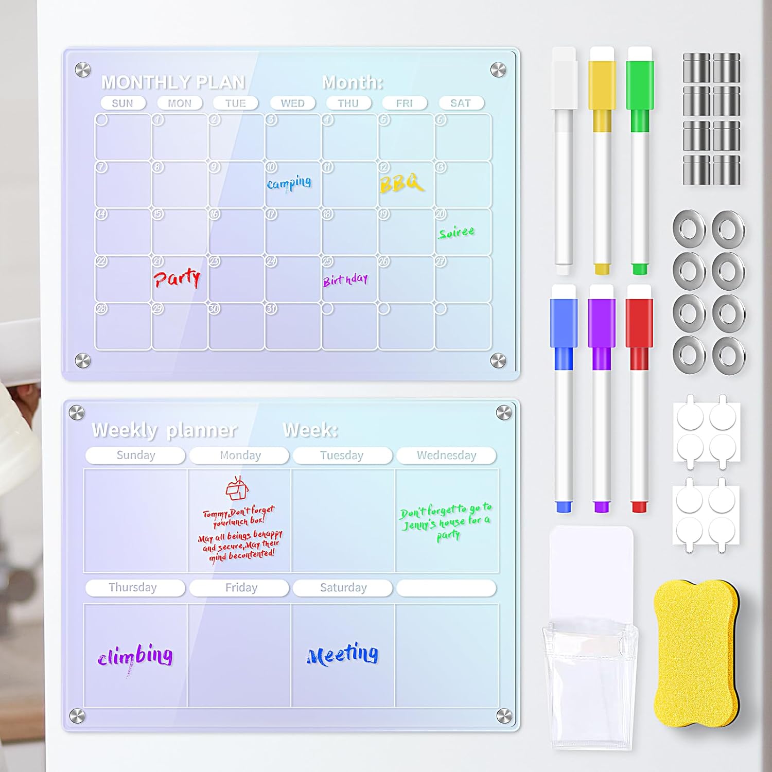 Acrylic Magnetic Calendar for Fridge, Dry Erase Board Calendar for Refrigerator, 2in1 Monthly Weekly Planner Whiteboard for Schedule/Family Organizer, 16"x12" Planning Boards 2 Pack