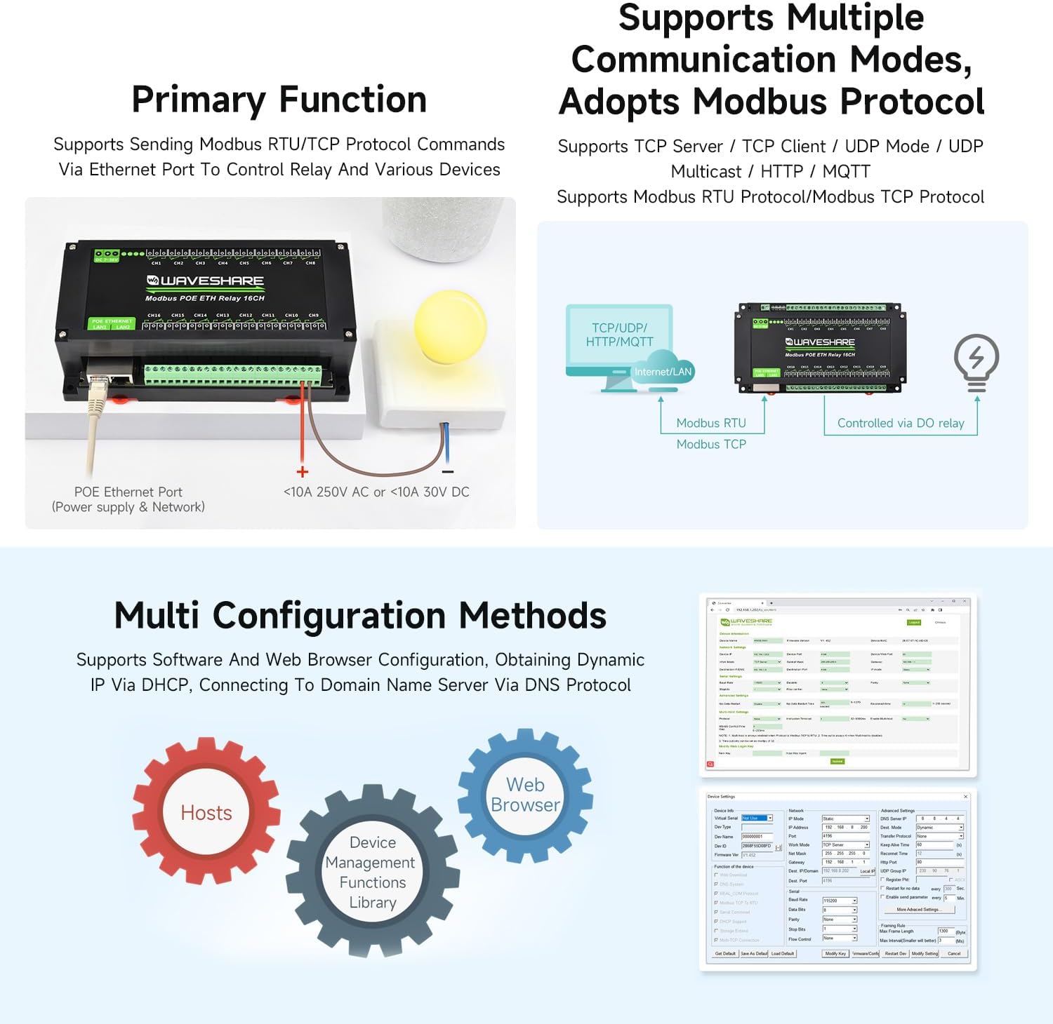 Waveshare 16-Ch Ethernet Module, Modbus RTU/TCP, Ethernet Communication, Support PoE, Various Isolation & Protection Circuits, Industrial Rail-Mount