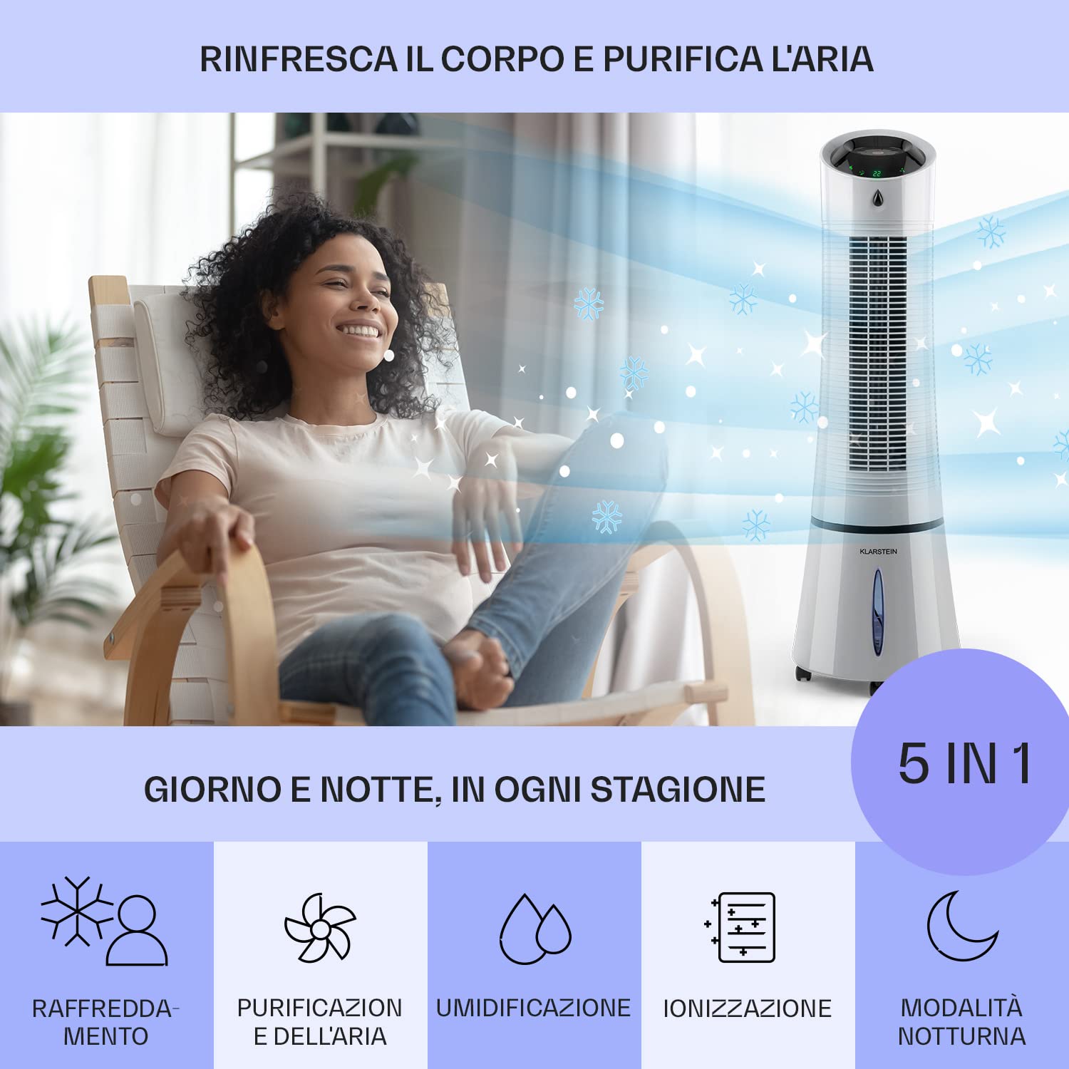 Klarstein Condizionatore Portatile 4in1 Senza Tubo - Raffrescatore, Umidificatore, Ionizzatore E Ventilatore | 45W, 400m³/h, Serbatoio 4L - Foto 4