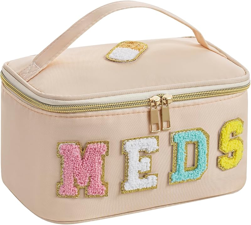 Necessaire de maquiagem uekeboag em nylon com letras de chenille MEDS, Bege 16Beige, Pacote com 1
