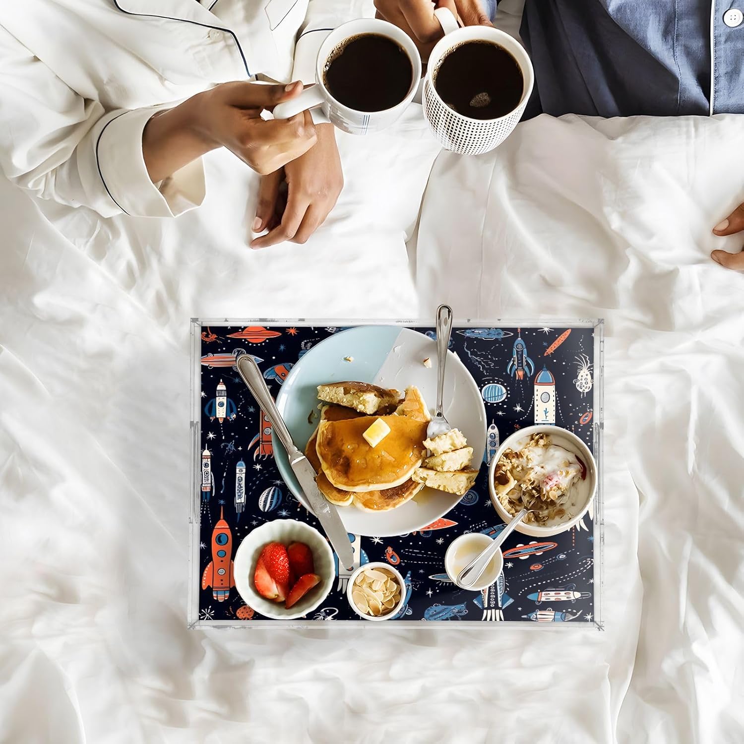 Space Rockets Serving Tray, Decorative Ottoman Trays with Handles for Breakfast, Coffee Table, Dining Room, Party - 16" x 12"