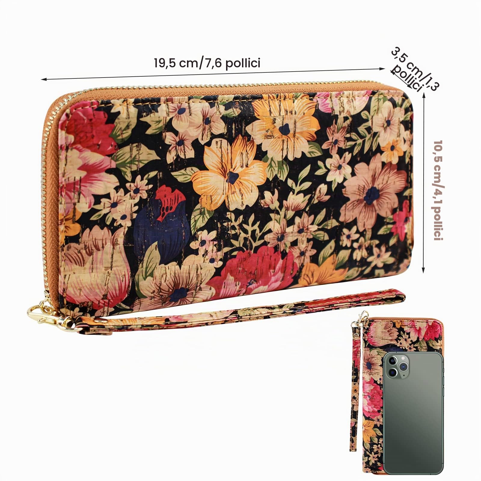 BOSHIHO Portafoglio da Donna in Sughero Vegano, Grande Capacità per Smartphone Pochette Lunga con Cerniera con Porta Carte di Credito Portamonete, Regalo Vegano