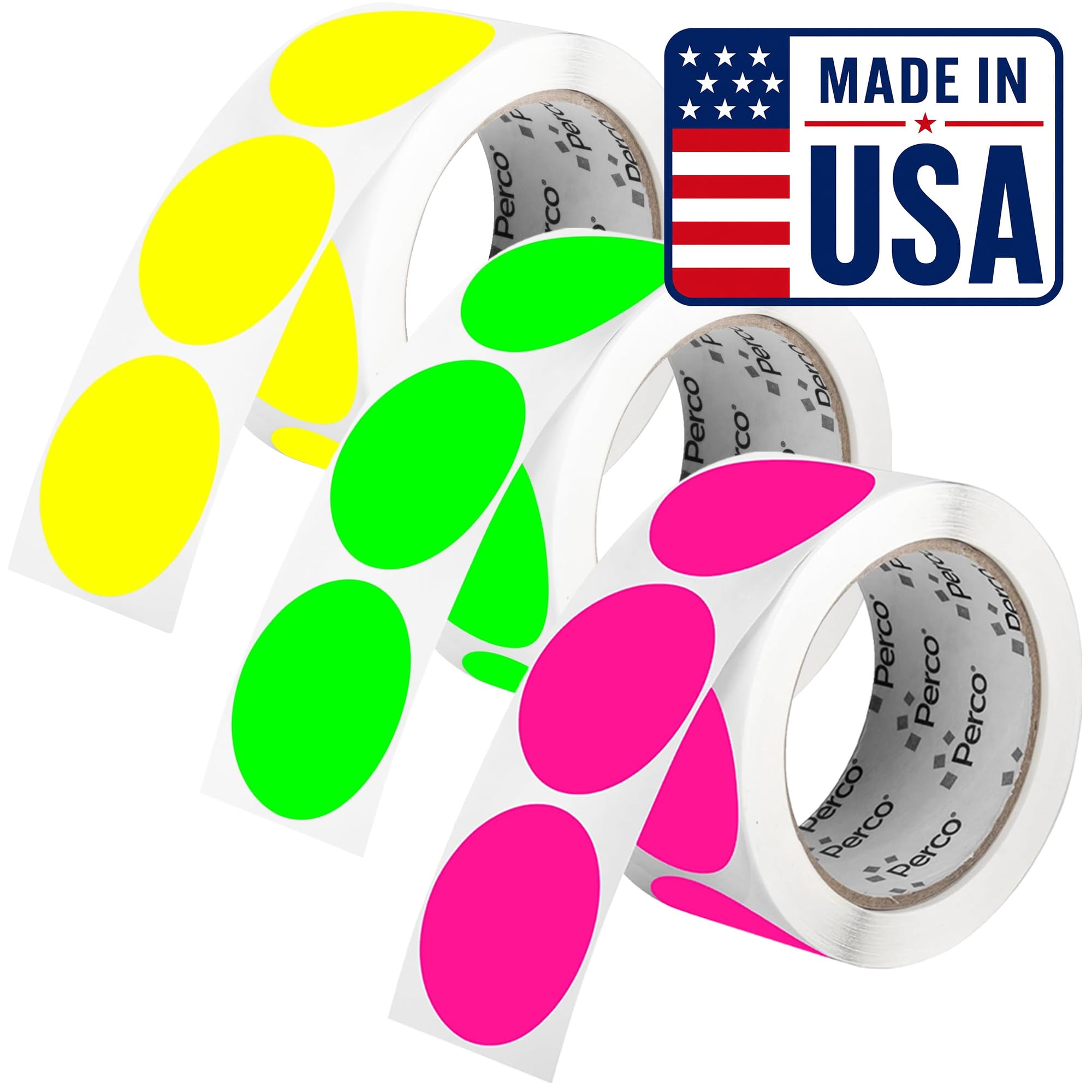 Perco Lot de 500 étiquettes autocollantes rondes à pois ronds de 5,1 cm avec adhésif permanent – Comprend 1 rouleau de chacune des couleurs fluorescentes (vert, jaune, rose) – Forte adhérence,