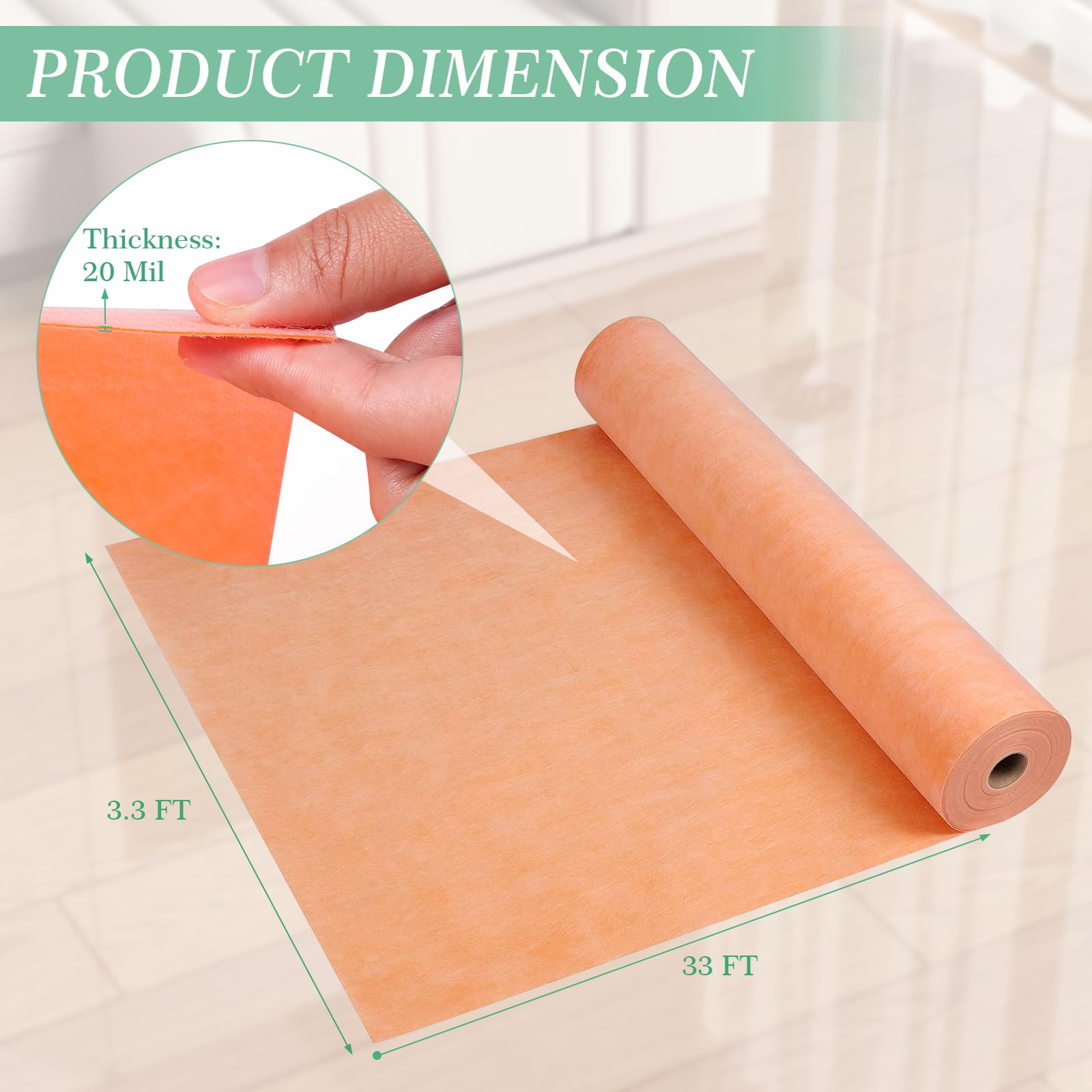 BECHAEO Membrana impermeable para ducha de 3.3 pies x 33 pies, 108 pies cuadrados, 20 mil, membrana impermeabilizante para azulejos, rollo de tela de polietileno para baño, pared y suelo