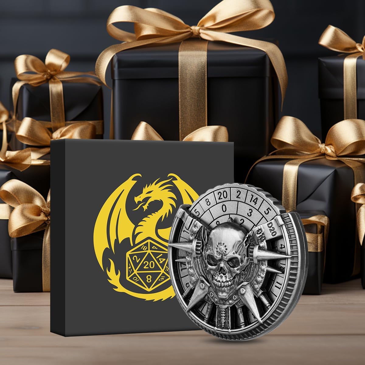 Spinner DND Dice Set, Fingertip Gyro Metallic DND Dice, DND Starter Set, Skull Dice Spinner for DND Dice Set, D&D Gifts with Gift Box, Role Playing Game Board Game Accessories, Dark Silver