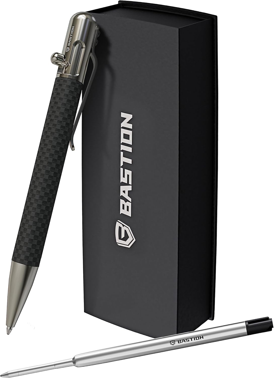 BASTION Bolt Action Pen | Carbon Fiber and Stainless Steel | Extra Black Ink Cartridge Fine Point (0.5mm) For Women and Men Gift Ballpoint Pen Combo 1 Standard Ink Refill