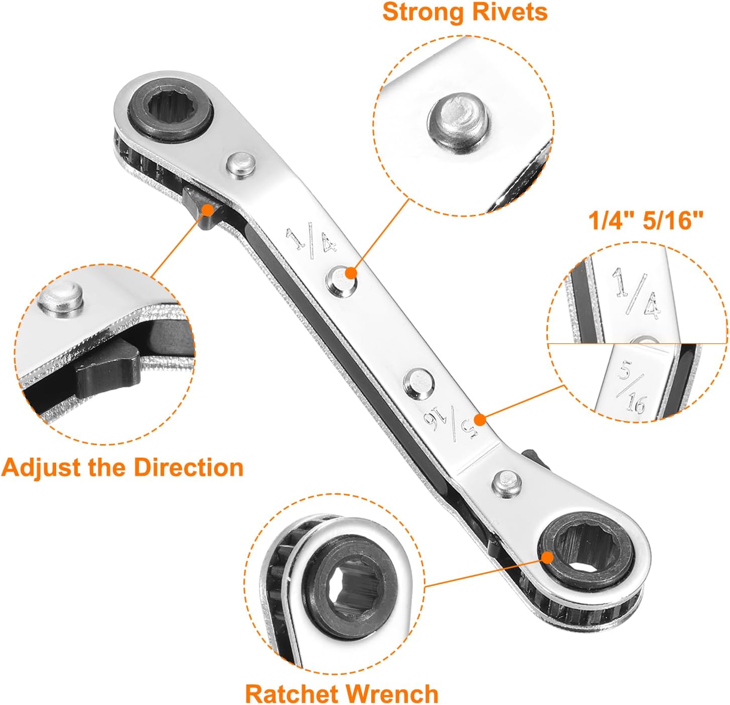 HARFINGTON HVAC Service Wrench 1/4" x 5/16" 25 Degrees SAE Double Head 16-Teeth Air Conditioner Valve Reversible Ratchet Wrench for Refrigeration Equipment Repair, Silver