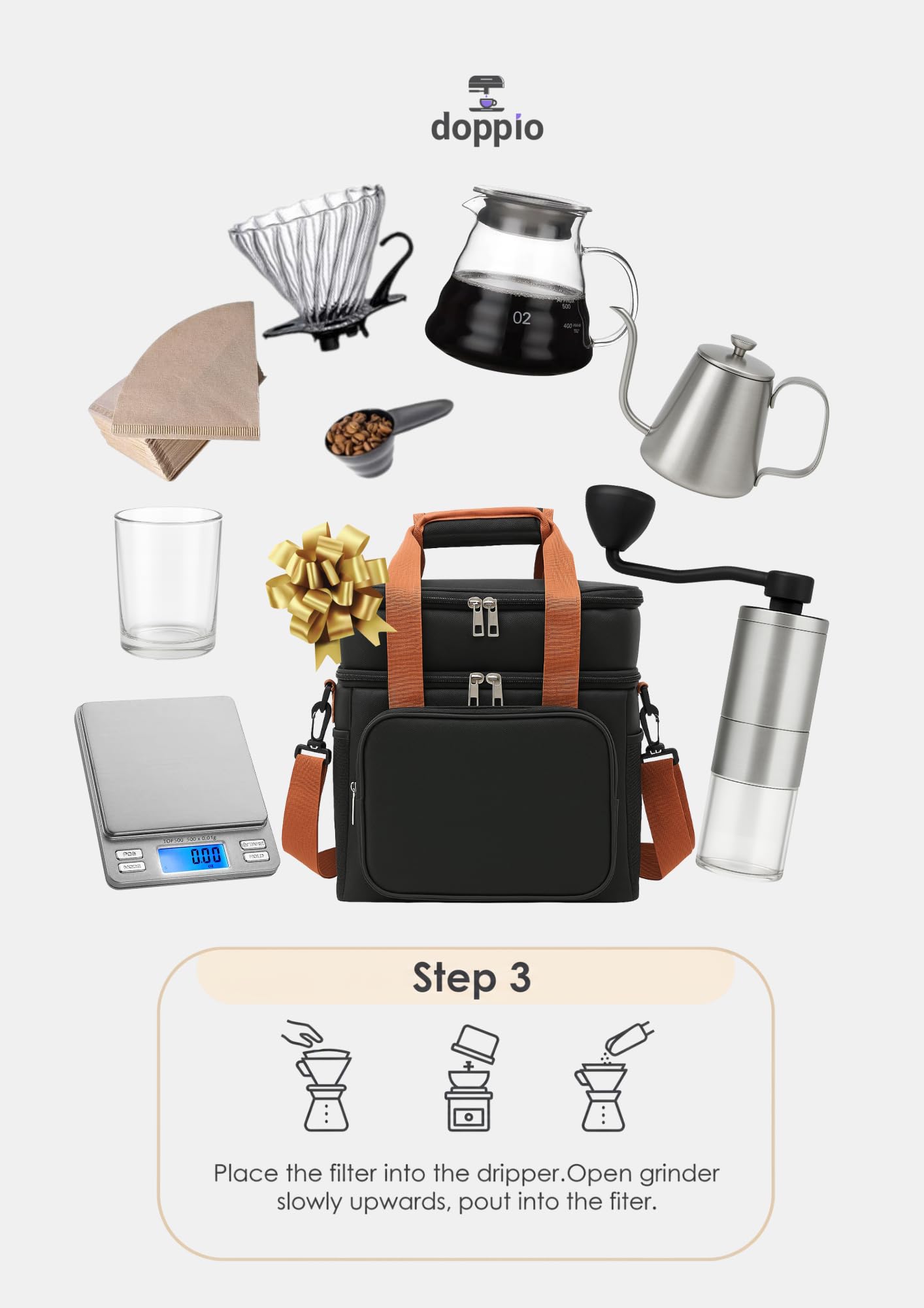 DOPPIO V60 Coffee Maker Dripper Set, 12-Pcs Pour Over Coffee Maker Brewing Set with 600ml Glass, Gooseneck Kettle, V60 Glass, Dripper & Carry Case,Gift-Grey (Premium Kit) for Home,Office & travelling 4