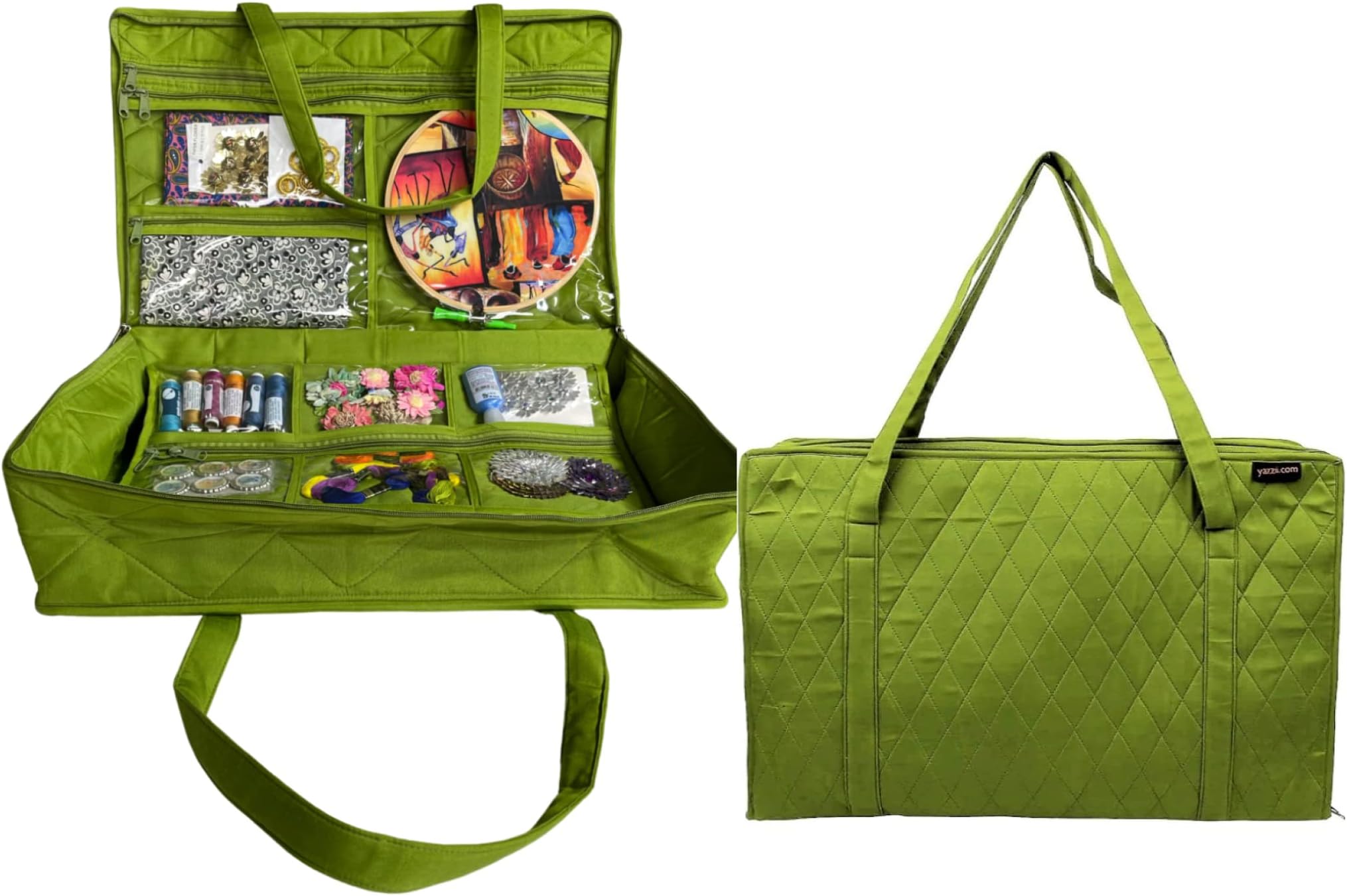 Yazzii Carry All Organizer Tote – Ultimate Craft Storage Bag with 20 Pockets for Quilting Supplies, Sewing Notions, Embroidery & More - Green
