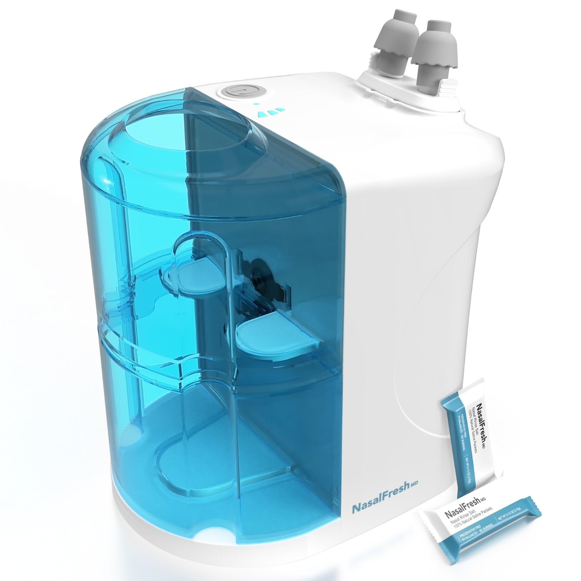 NASALFRESH MD - Dual Powered Nasal Irrigation System Nasal Rinse and Wash - Sinus Decongestant Relief System w/ 30 Saline Packets - Rechargeable - 1 Set of Nose Pillows - Snoring Remedy