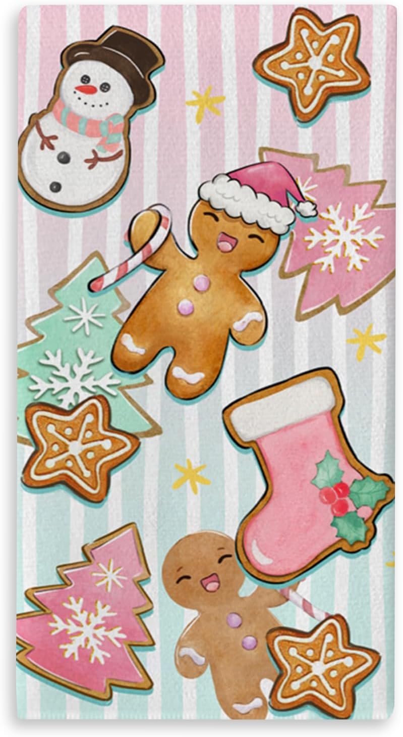 Pink Christmas Gingerbread Man Kitchen Dish Towel, Xmas Tree Snowman Stocking Cookies Drying Hand Towel Baking Cooking Cloth, Winter Holiday Stripes Home Bakery Decoration 18'' x 26''