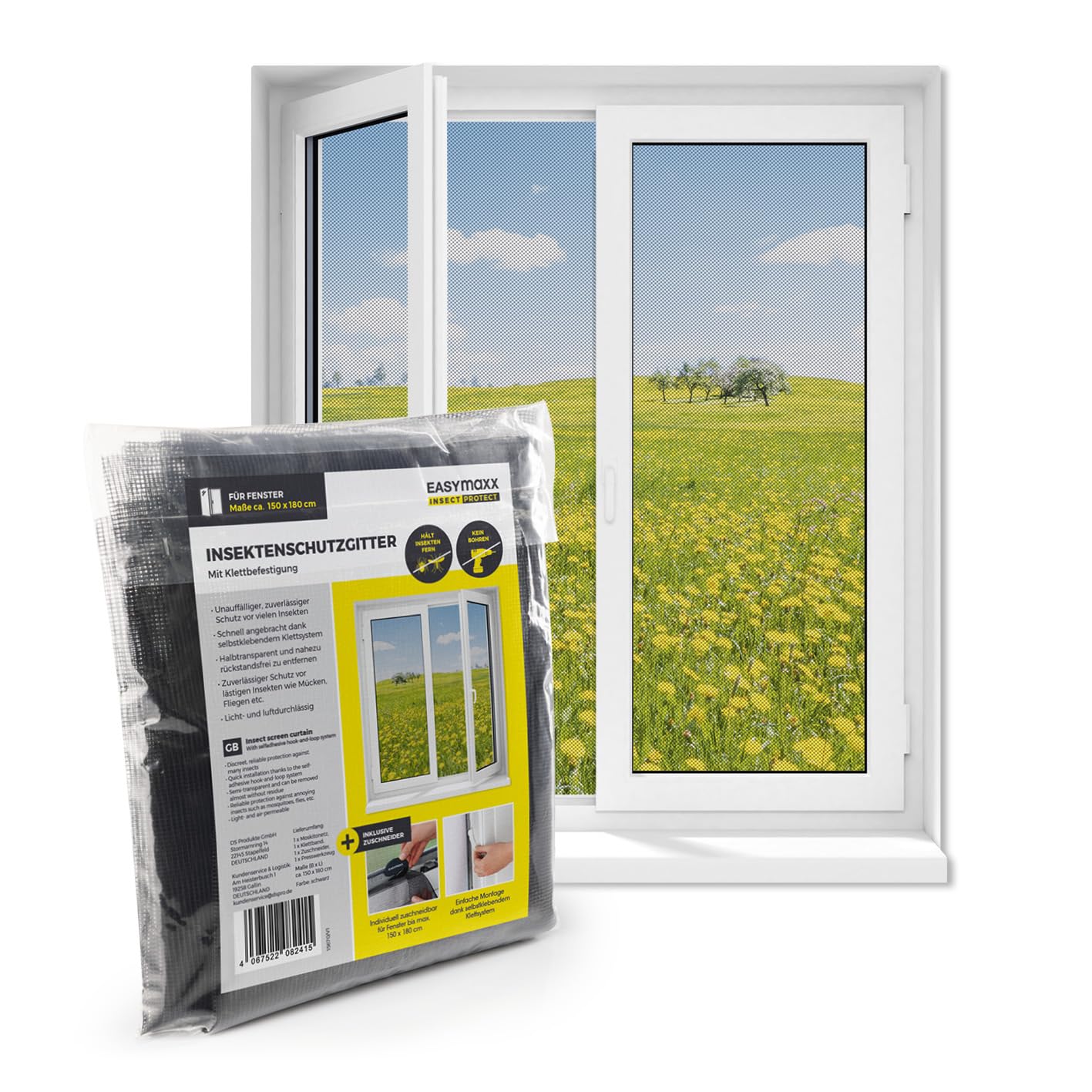 EASYmaxx Moskitiera okienna na okno, montaż bez wiercenia, możliwość przycięcia, ochrona przed owadami na okno do 150 x 180 cm, ochrona przed komarami, taśma na rzep, samoprzylepna, czarna