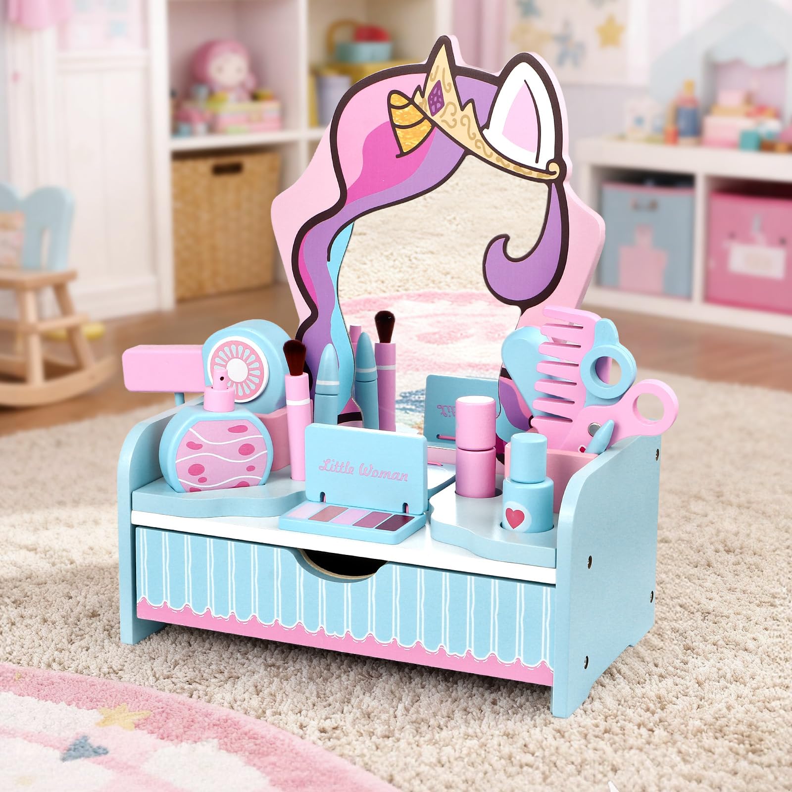 Unicorno Postazione Trucco in Legno, Trucchi Bambina Toeletta con Specchiera Cassetti Set & Parrucchiera Bambina Bellez Accessori Unicorno Giochi Giocattoli Regalo per Bambini Ragazza 3 4 5 6 7 Anni