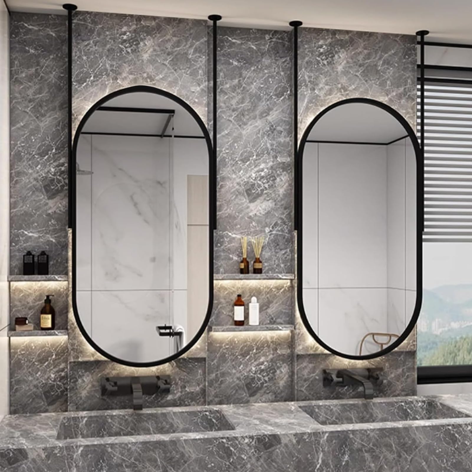 Espejo de Techo con Marco de Metal Negro y Varillas x 2 - Boom Personalizable, Espejos flotantes para tocador de baño, Espejos Decorativos Simples para Pared (tamaño: