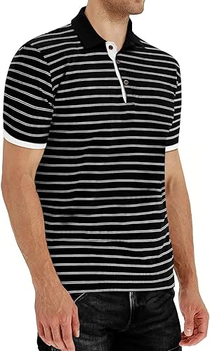 Miniatura 3 de MLANM Polo para hombre de manga cortalarga, informal, ajustado, diseño básico, a rayas, de algodón