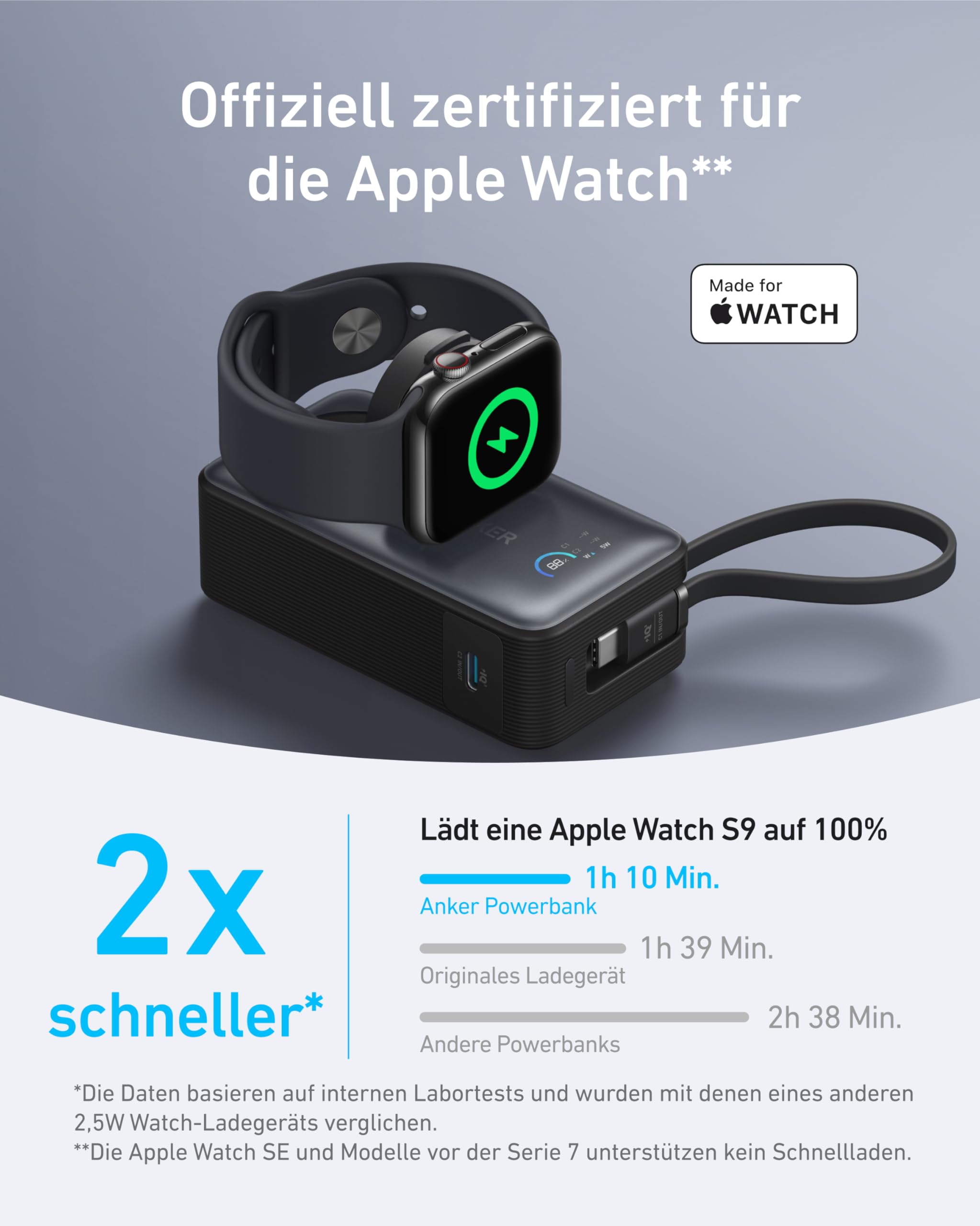 Anker MagGo Powerbank für Apple Watch, 10000mAh 35W Max, mit USB-C Kabel | Offiziell zertifiziert, für iPhone 17/16/15 Serie, Samsung, iPad, AirPods und mehr