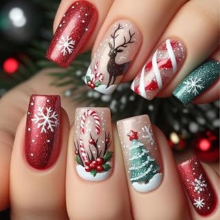 Christmas Press on Nails Medium Square Fake Nails Red Green False Nail with Snowflake Elk Designs Acrylic Nails Xmas Tree Canes Glue on Nail Holiday Glossy Stick on Nail for Women 24Pcs