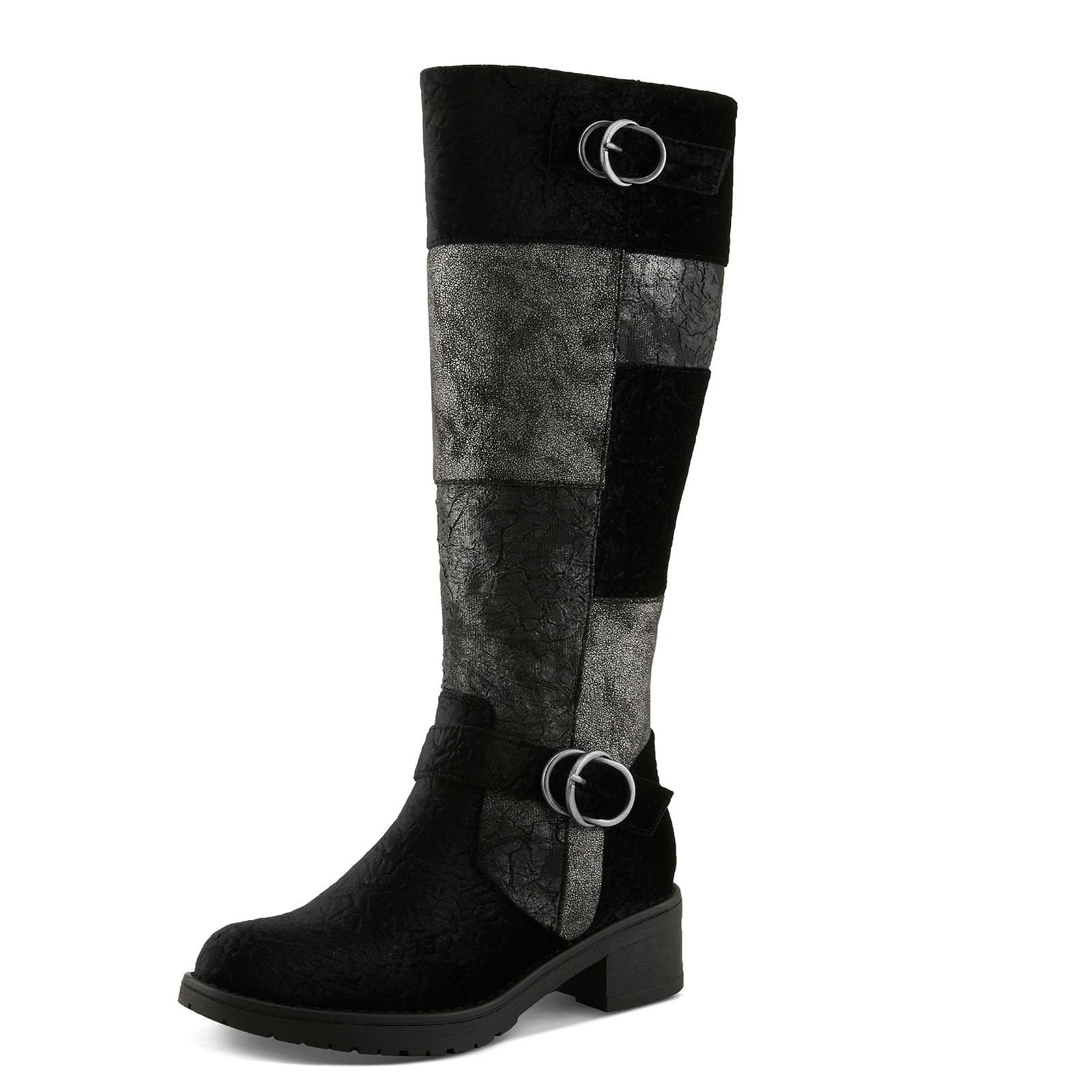 Collage Suede Knee High Boots for Women Wide Calf Round Toe Chunky Heel Boots with Zipper Buckle Tall