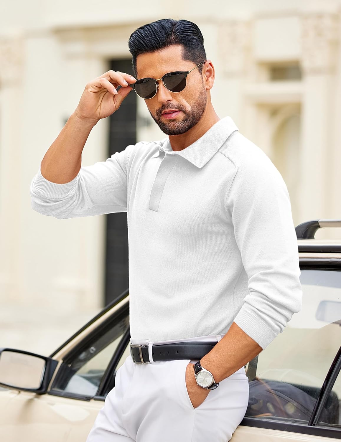 COOFANDY Mens Knit Polo Sweater Long Sleeve Polo Collared Sweaters Hidden Button Casual Pullover Sweater - Image 3